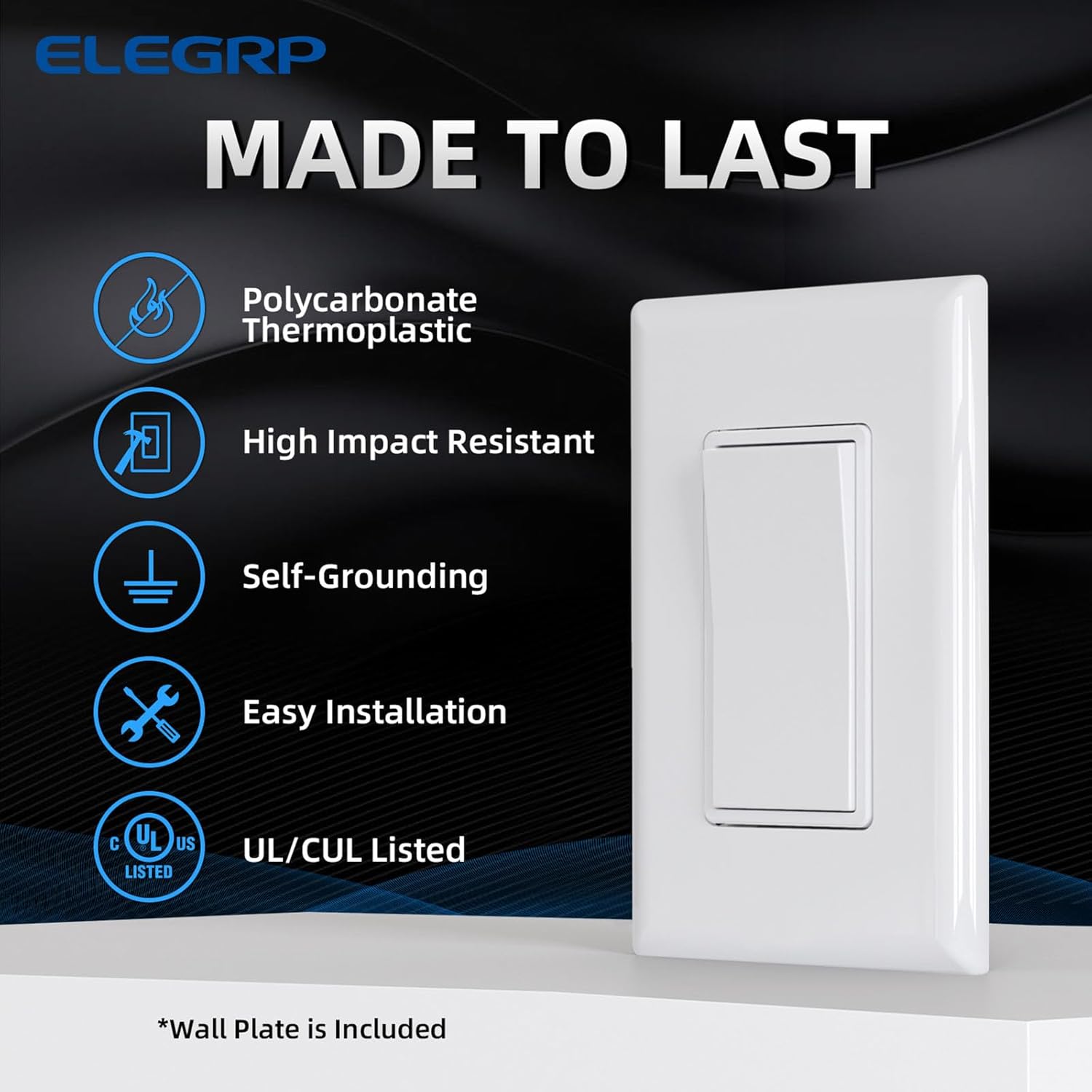 ELEGRP Single Pole Decors Light Switch with Screwless Plate, 15A 120-277V, Paddle Rocker Switch Replacement, On/Off Wall Switch, Self-Grounding, Residential Grade, UL/CUL (10 Pack, Glossy White)