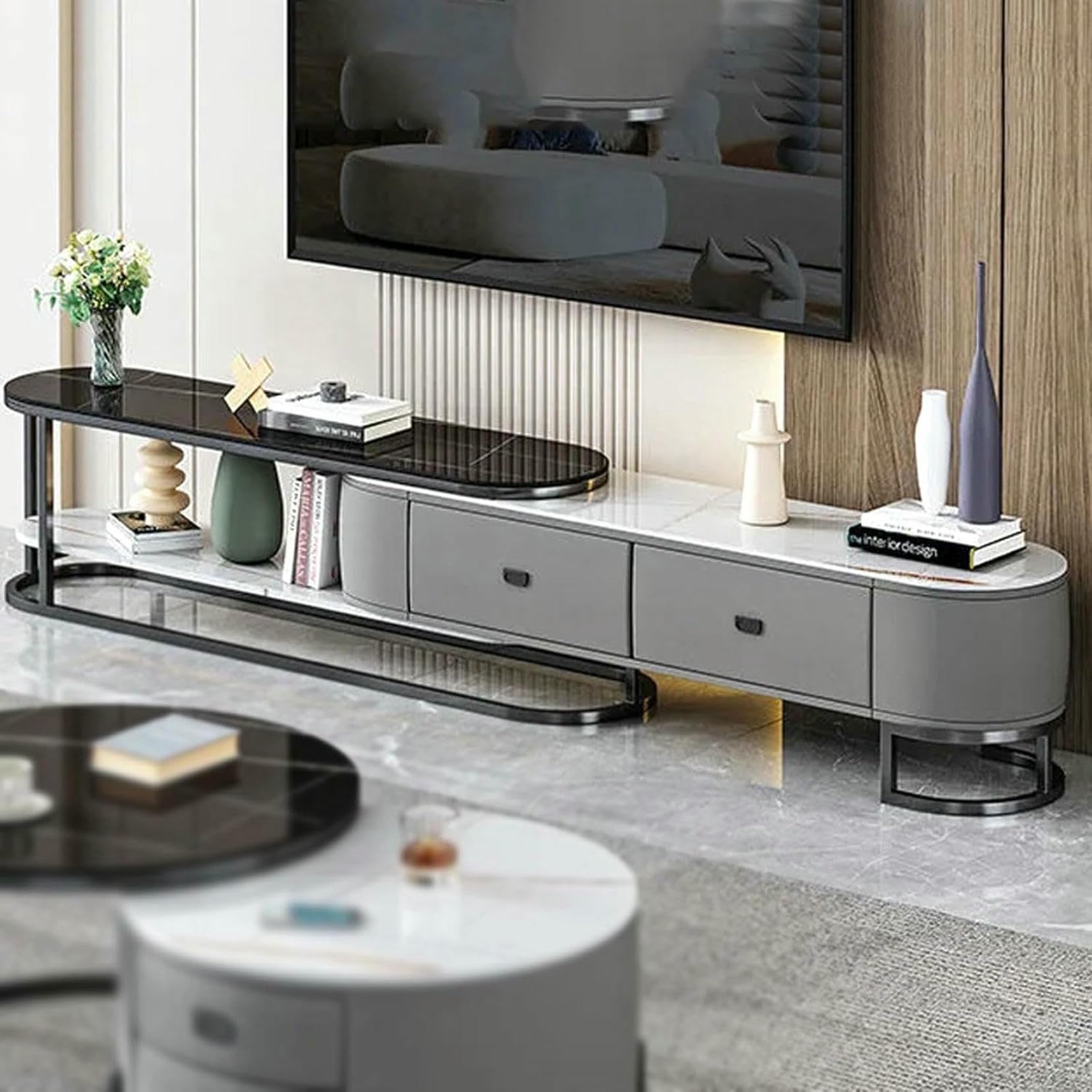 Wysuwana nowoczesna szafka pod telewizor do telewizorów 190.5 cm i większa, stylowa jednostka multimedialna z rozwiązaniami do przechowywania do salonu, regulowane centrum rozrywki, elegancki design
