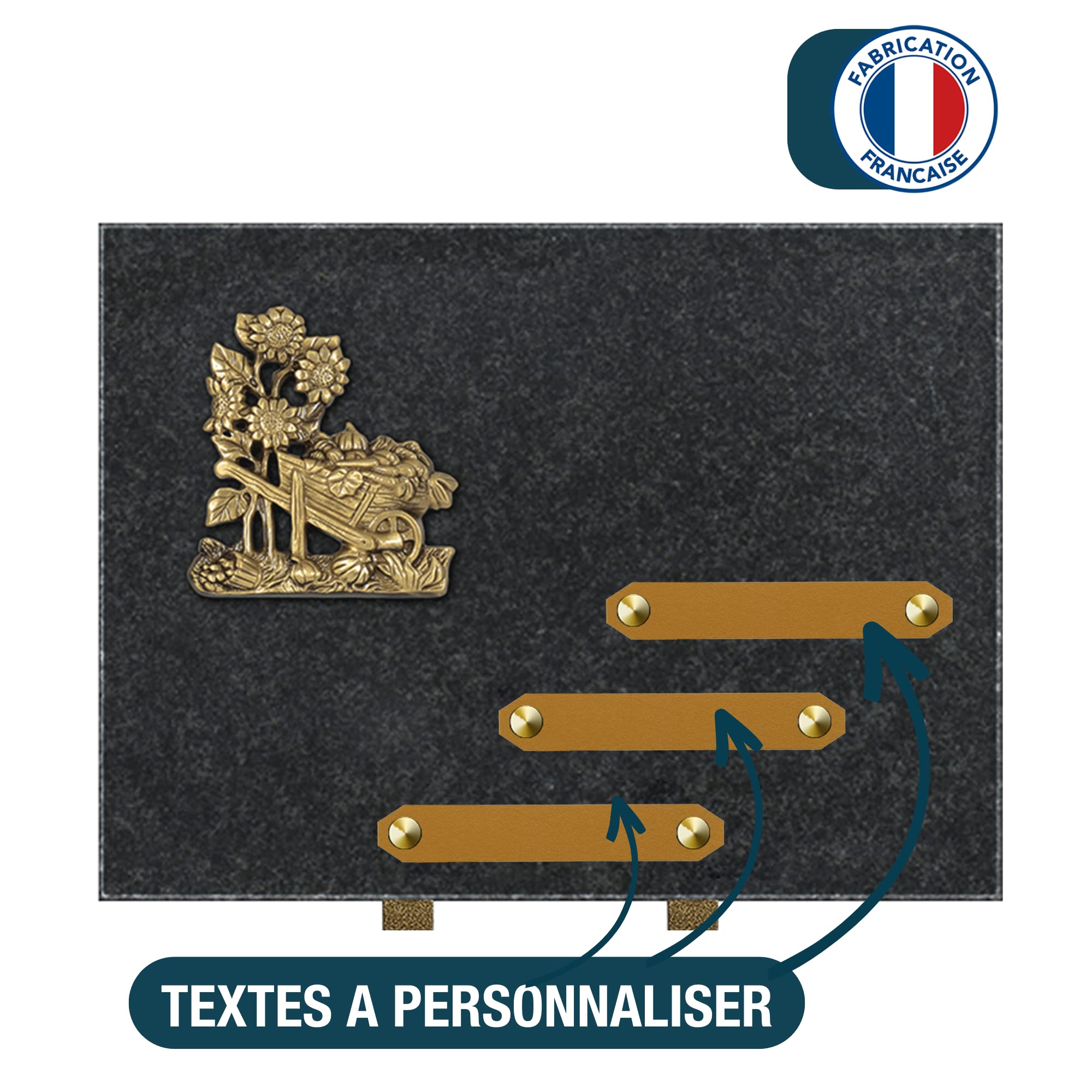 Plaque funéraire personnalisée - Granit - assemblée en France - bronze brouette - H 30 X L 40 cm - 3 textes