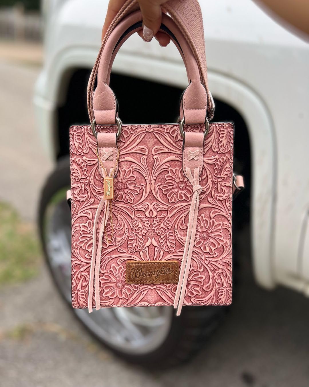 Wrangler Embossed Crossbody Purse for Women Top Handle Fringe Handbags and Western Mini Tote