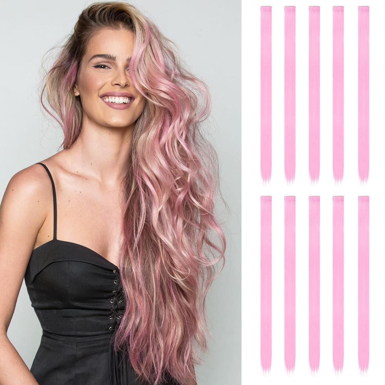 10 Pcs Pink Hair Extensions, Light Pink, 22 tum