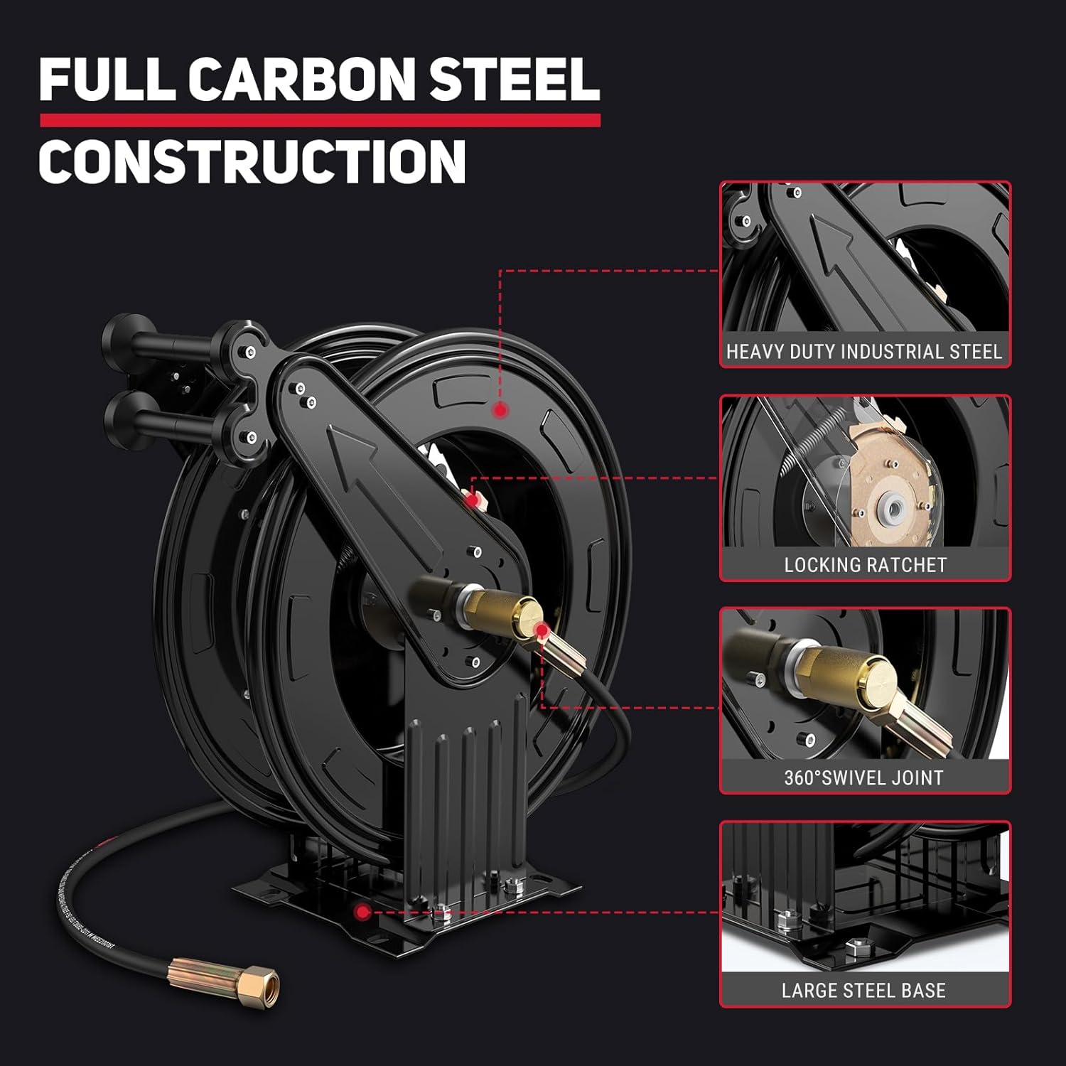 Pressure Washer Hose Reel, 3/8 in x 50 ft Retractable Pressure Washer Reel, 4000 PSI Auto Rewind Heavy Duty Steel Power Wash Hose Reel with 5 ft Lead for Air/Oil/Water