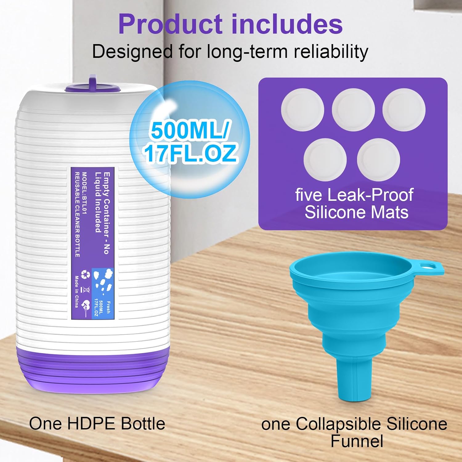 2 Pack Refillable Bottle for Swiffer Power Mop, 500ML / 17 FL.OZ Reusable Solution Container, with 5 Leak-Proof Seal & 1 Funnel,Simple Installation, Works with Any Cleaner