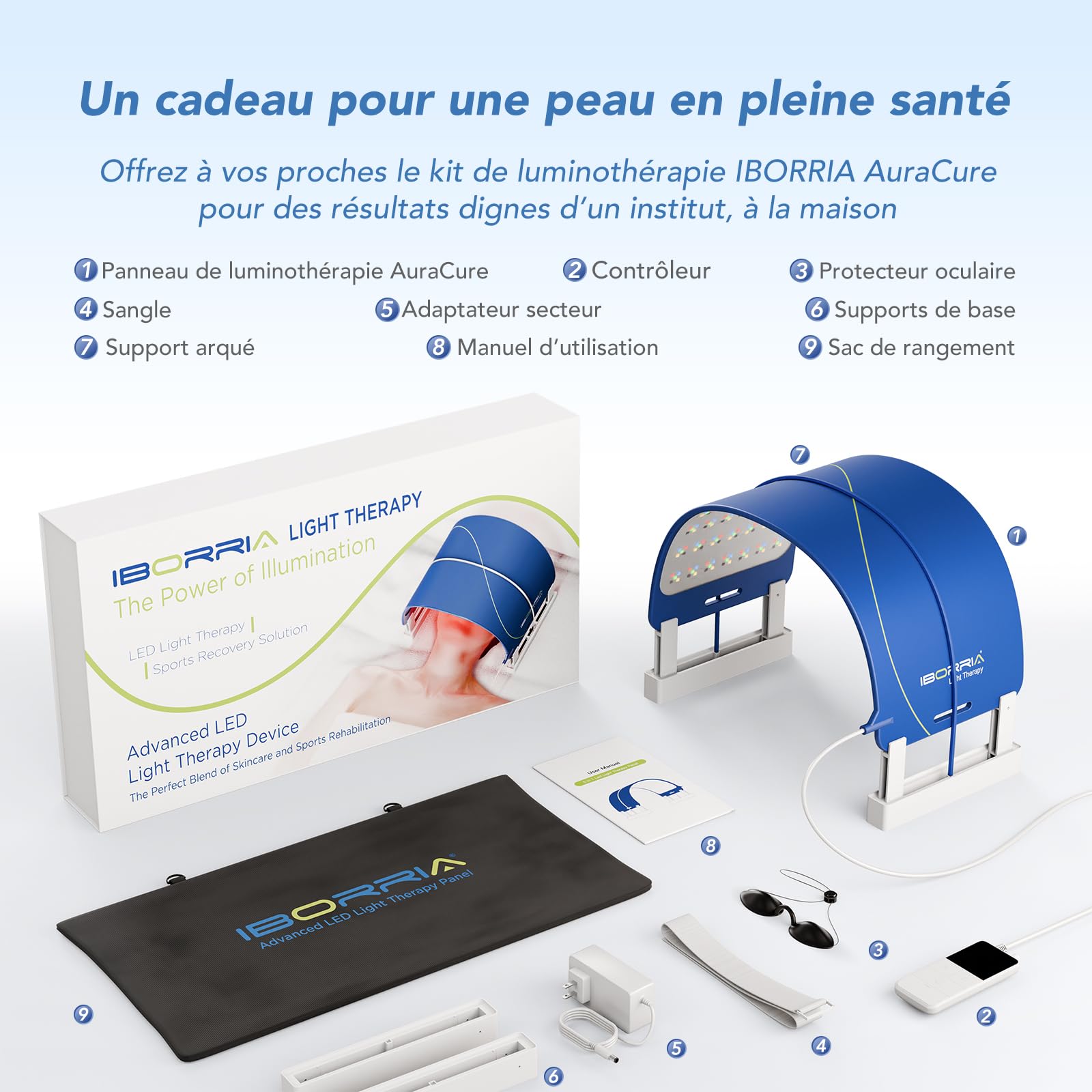 AuraCure LED Rotlichttherapie Panel für Gesicht & Körper – 490 Hochleistungs-LEDs, 5 Wellenlängen, 3 Intensitäten, 3 Timer 15/20/30 Min, 48W (Blau)