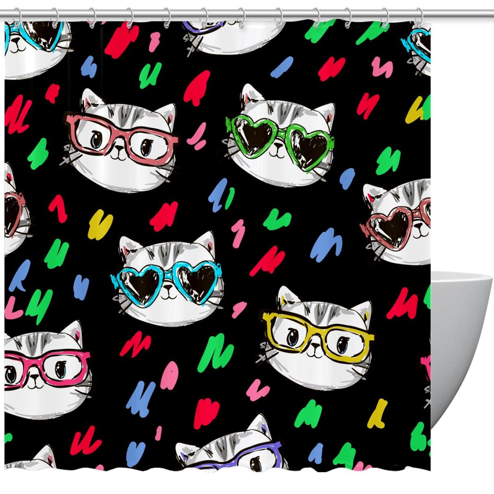 Rideau de douche motif tête de chat avec lunettes noir 60 x 72 pouces
