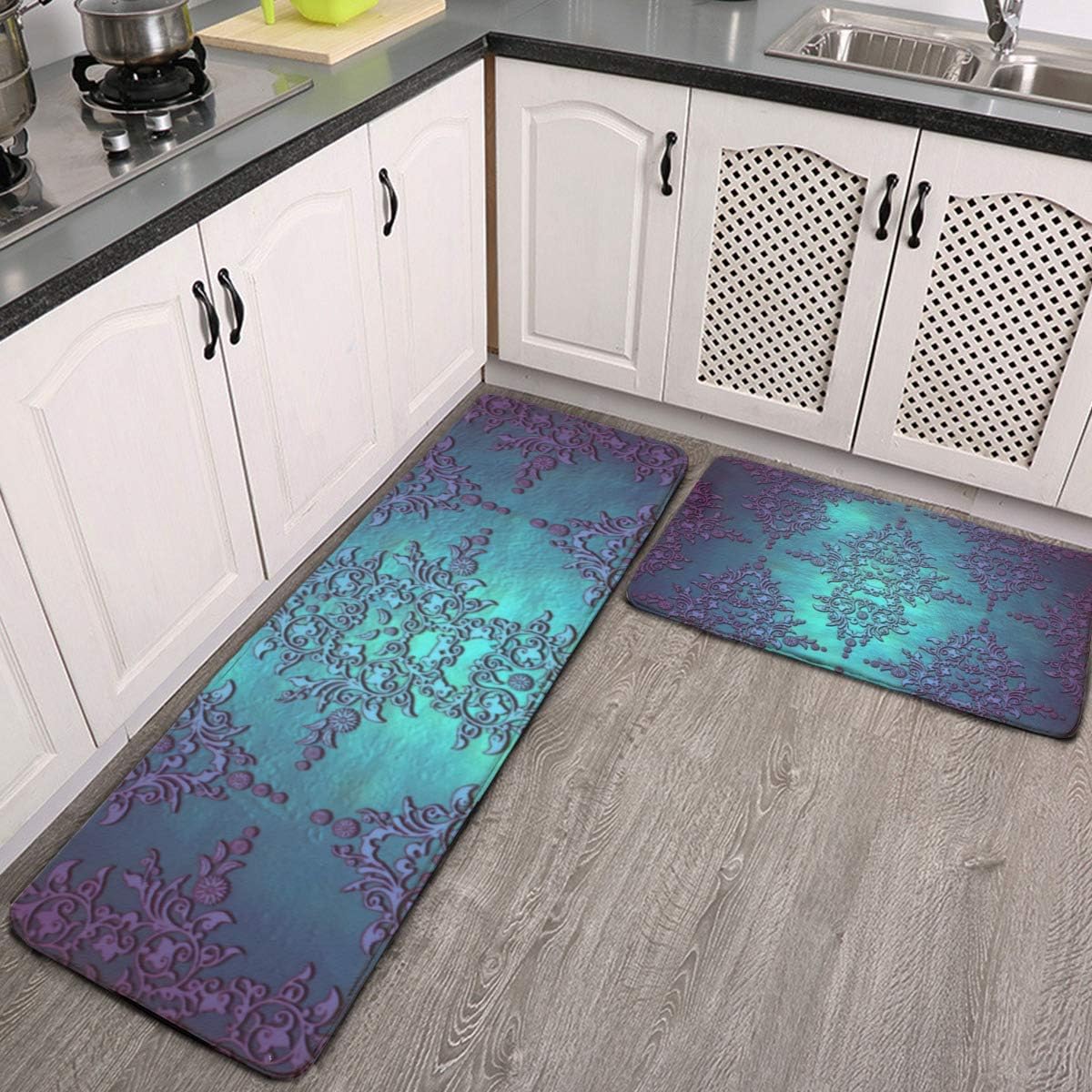 Kitchen Rugs and Mats Set Fancy Teal to Purple Damask Anti Fatigue Kitchen Rug Non Slip Floor Rugs Indoor Outdoor 17.7"x59"+17.7"x29"