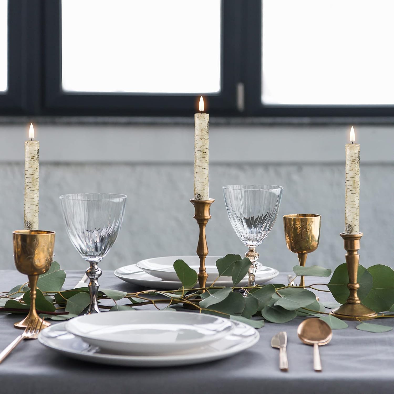 Eywamage Birch Bark Flameless Taper Candles with Remote, Short Wood LED Wax Candlesticks Flickering Battery Operated Set of 6