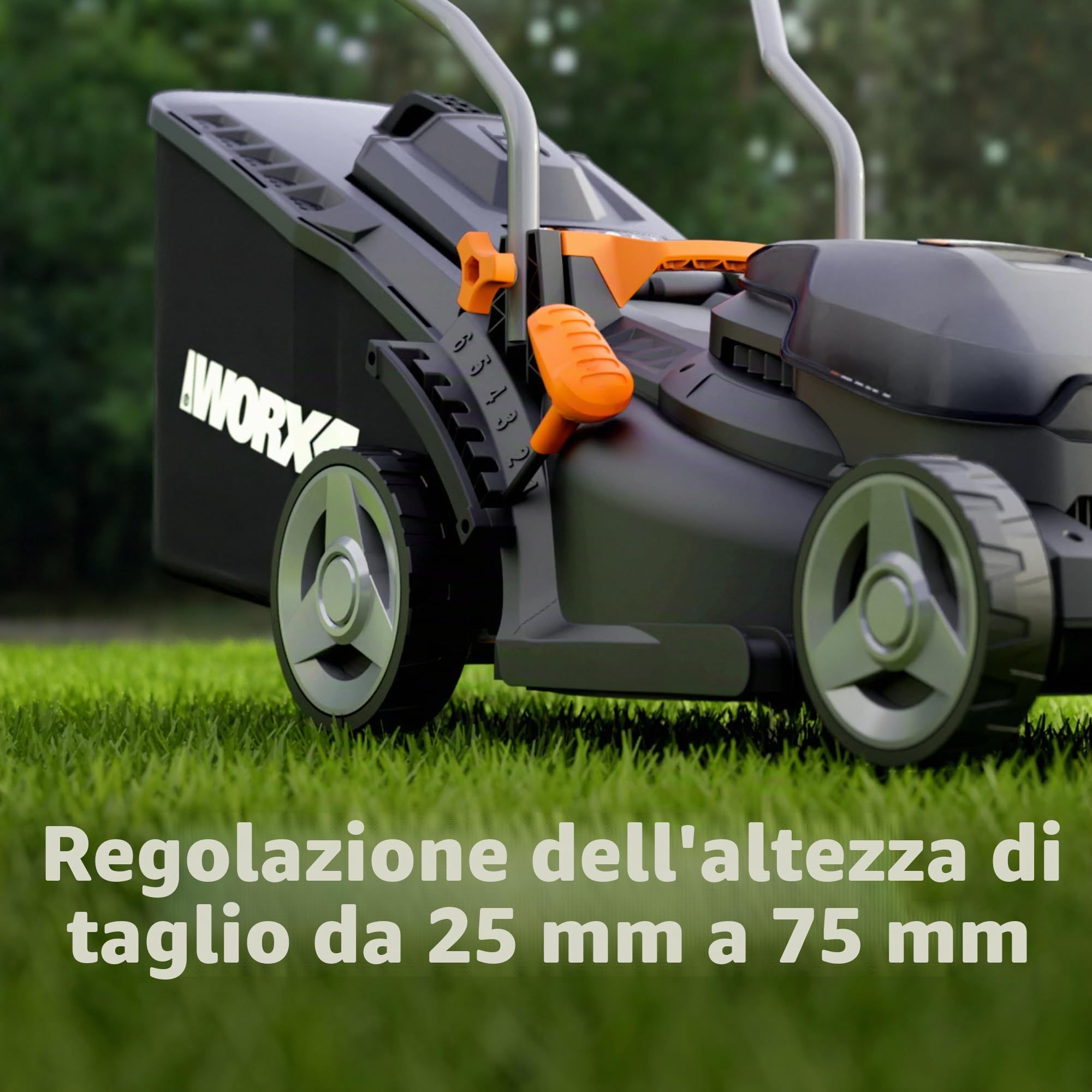 WORX ‎WG733E Tosaerba a batteria 20 V, potente motore brushless, larghezza di taglio 33 cm, 6 livelli di altezza di taglio (25-75 mm), tecnologia Intellicut, sacco di raccolta erba da 35 l