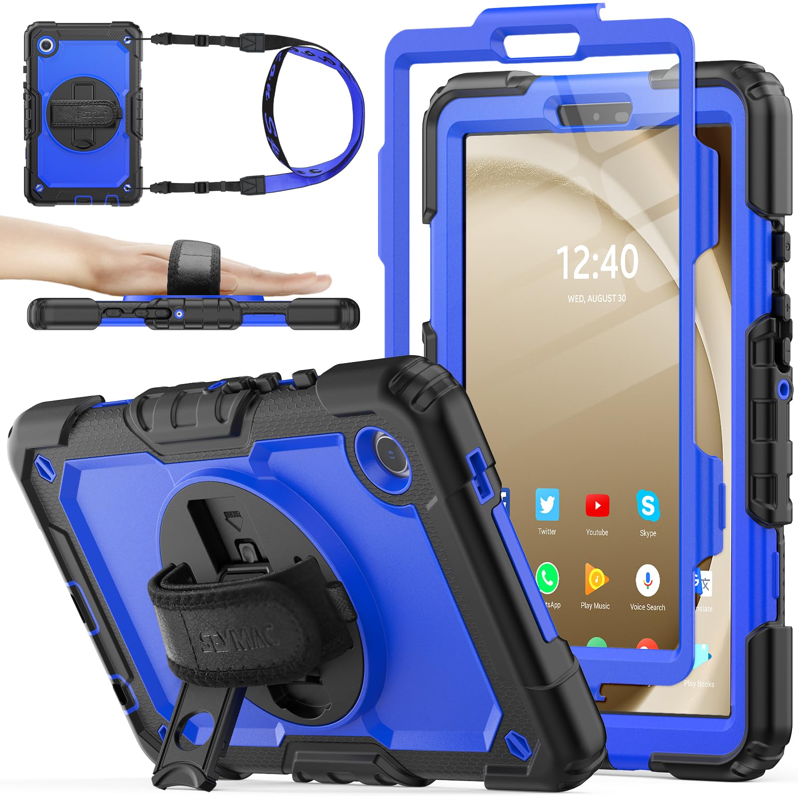 SEYMAC stock Case for Samsung Galaxy Tab A9 8.7'', Full-Body Drop Protection Case with Screen Protector Pencil Holder [360° Rotating Hand Strap] &