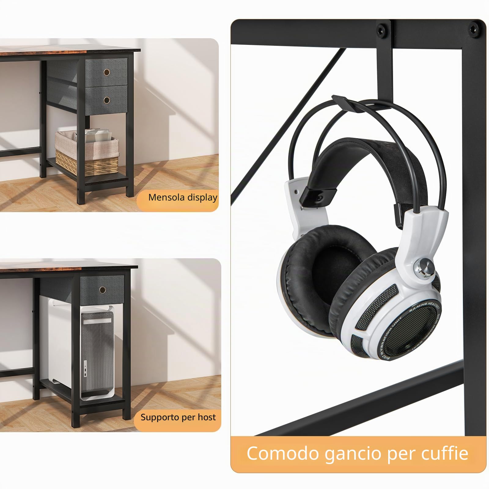 LIFEZEAL Scrivania Ufficio, Scrivania Porta Computer, con 2 Cassetti e Gancio, Postazione di Lavoro, per Studio, Stile Industriale, Scrittoio, Desk, in Legno+Metallo, 140x60 cm