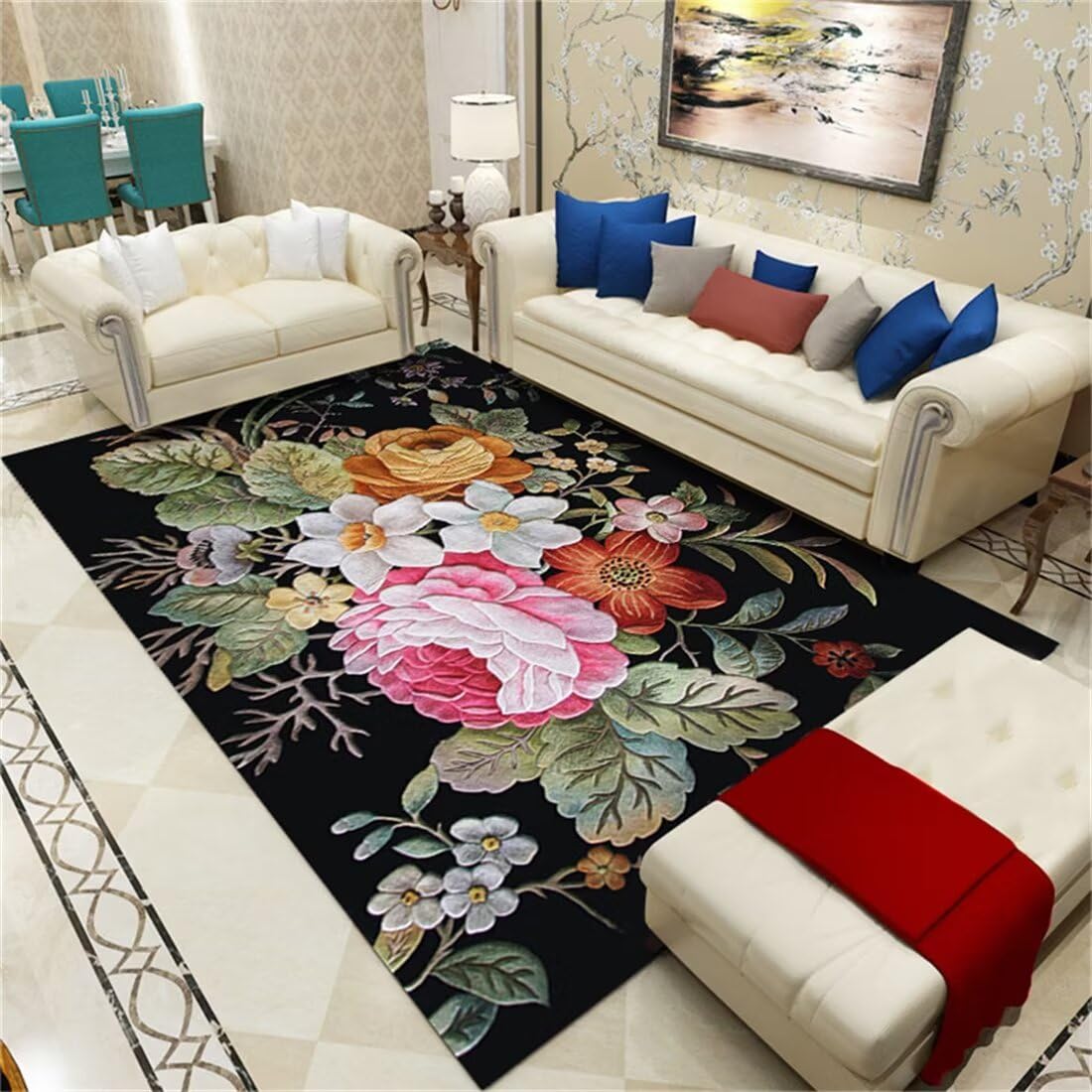 Tapis enfant chambre tapis de jeu bébé vert fleur résistant humidité 90x150