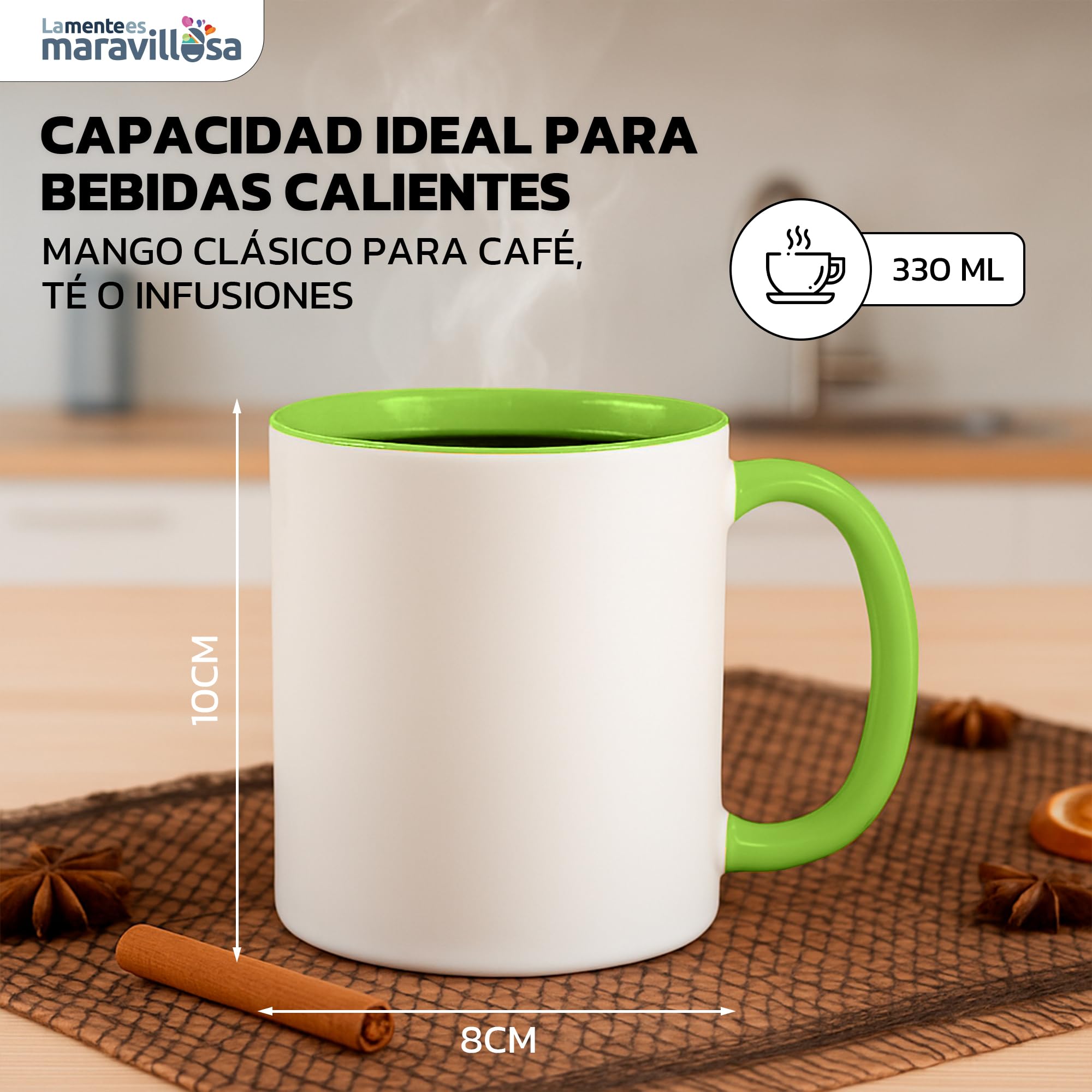 LA MENTE ES MARAVILLOSA - Tazas de Cerámica para Sublimación【Pack de 36】 11 oz/330 ml - Regalo Original | 8x10 cm | Ideales para Café, Té e Infusiones, Aptas para Microondas (Blanco/Verde)