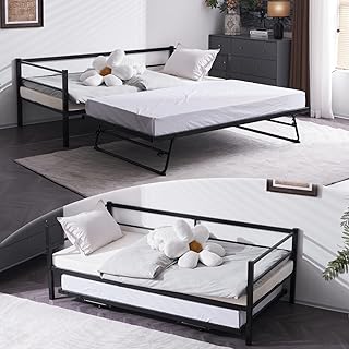 VINGLI Daybed with Pop Up Trundle, Heavy Duty Metal Twin Bed with Trundl...