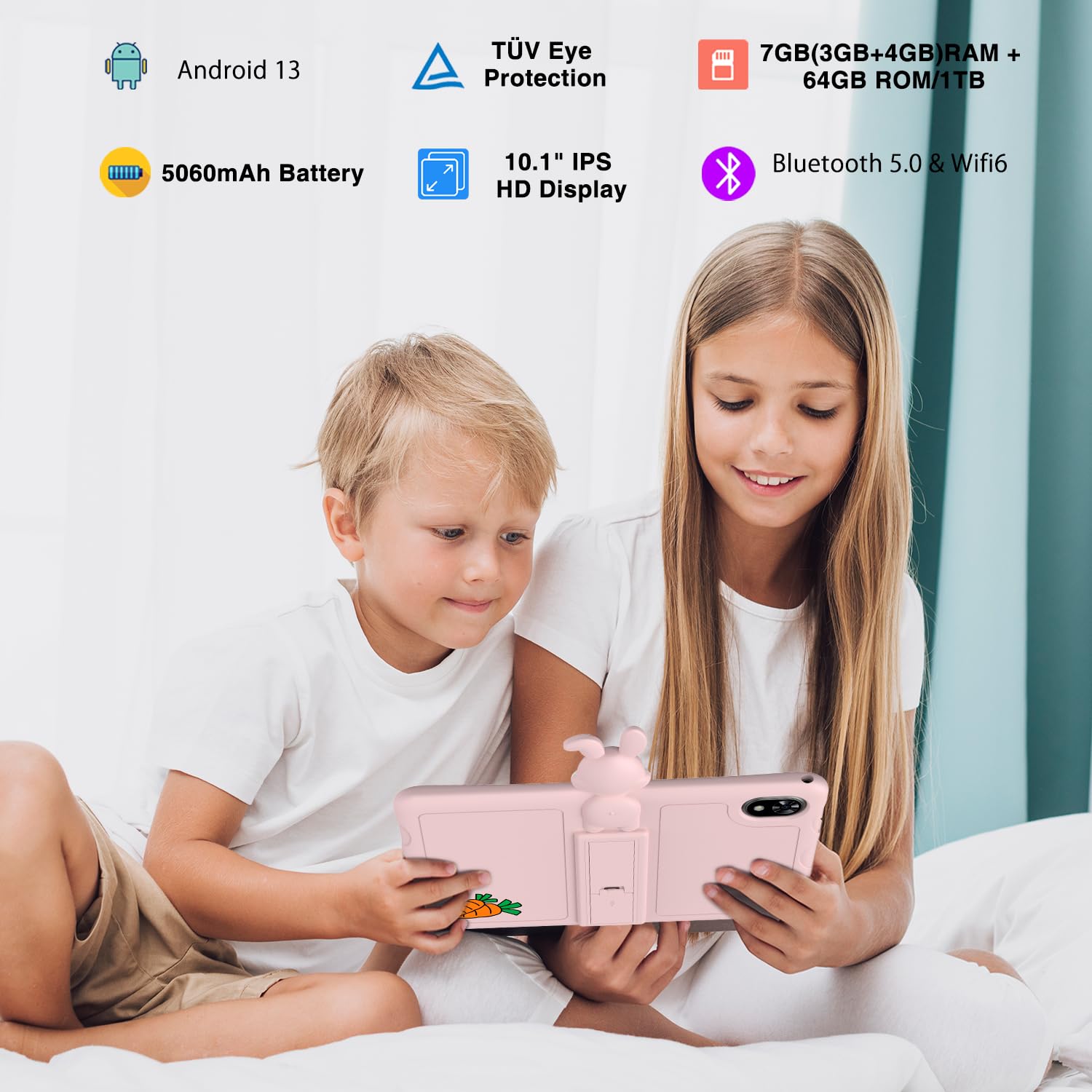 DOOGEE Tablet Bambini, U9 KID Tablet per Bambini 10 Pollici, 7GB RAM 64GB ROM(1TB/TF), Android 13/WiFi 6/BT5.0/TÜV SÜD Rheinland/Widevine L1/5MP, Custodia Protettiva in Silicone - Rosa