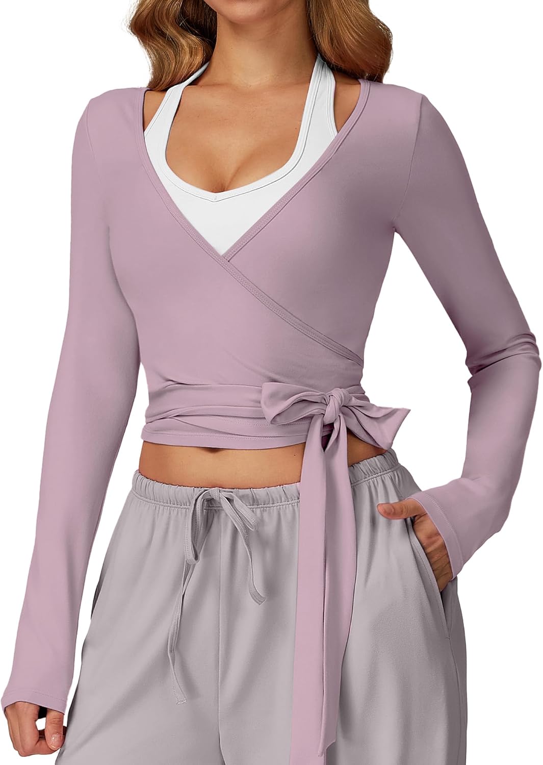 FEOYA Women's Wrap Top Long Sleeve Cross Tie Yoga Ballet Pilates Shirt Workout Blouses V Neck Y2K Casual Dance Cardigan