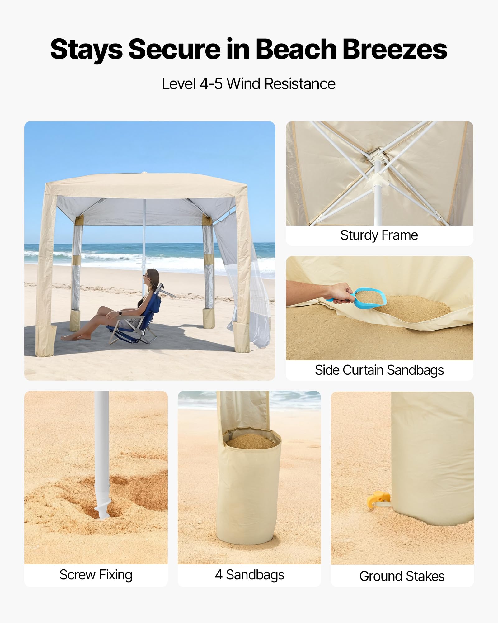VEVOR Cabaña de Playa 2,4 x 2,4 m, con Pared Lateral, Protección Solar UPF 50+, Pabellón de Playa con Sacos de Arena, Sombrilla Portátil y Ajustable en Altura para Familiares y Amigos, Caqui