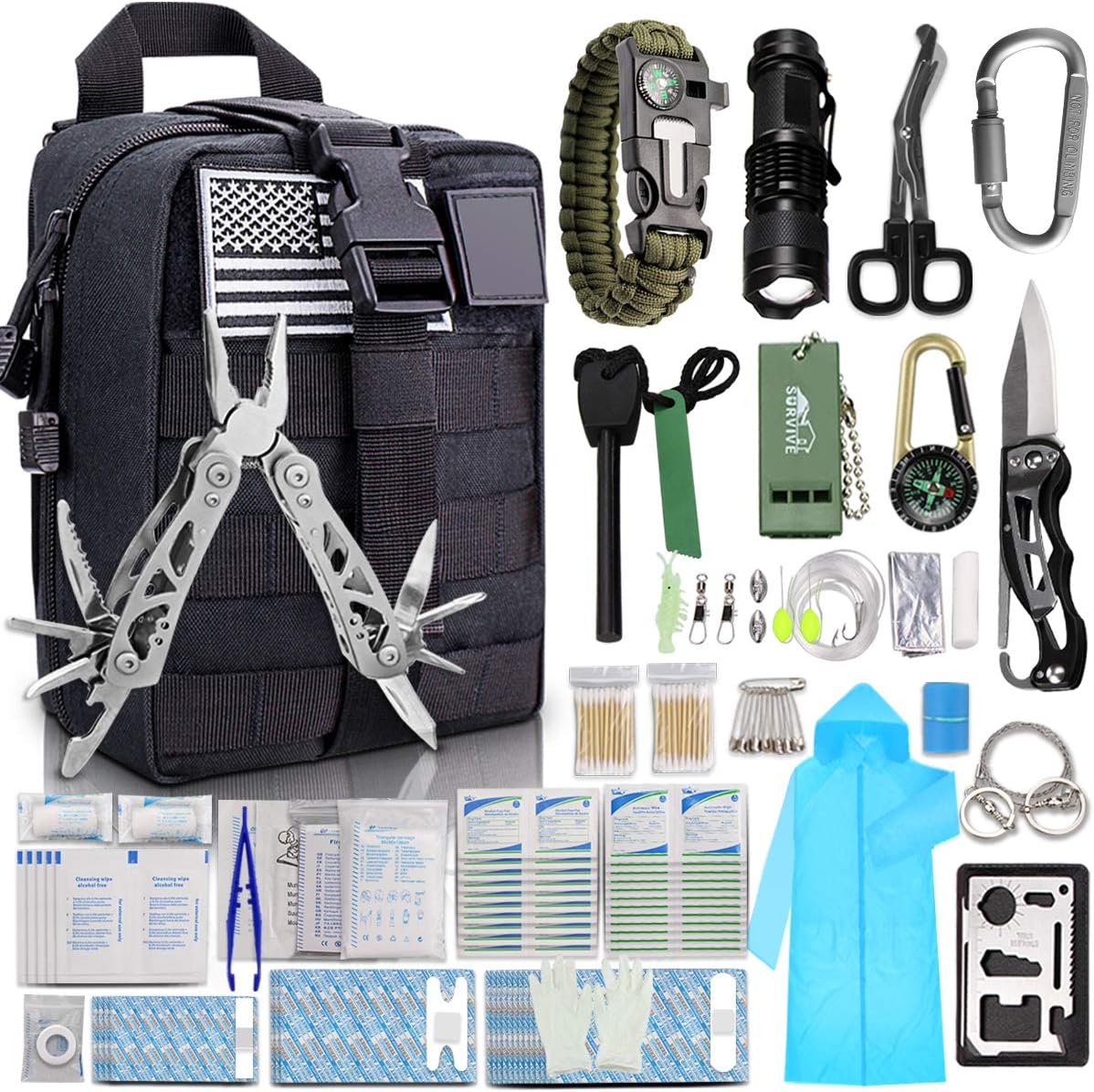 angel wish First Aid Survival Kit, 302Pcs Tactical Pouch Outdoor Gear EDC Emergency Survival Kits First Aid Kit Trauma Bag for Hiking Camping Hunting Car Travel or Adventures