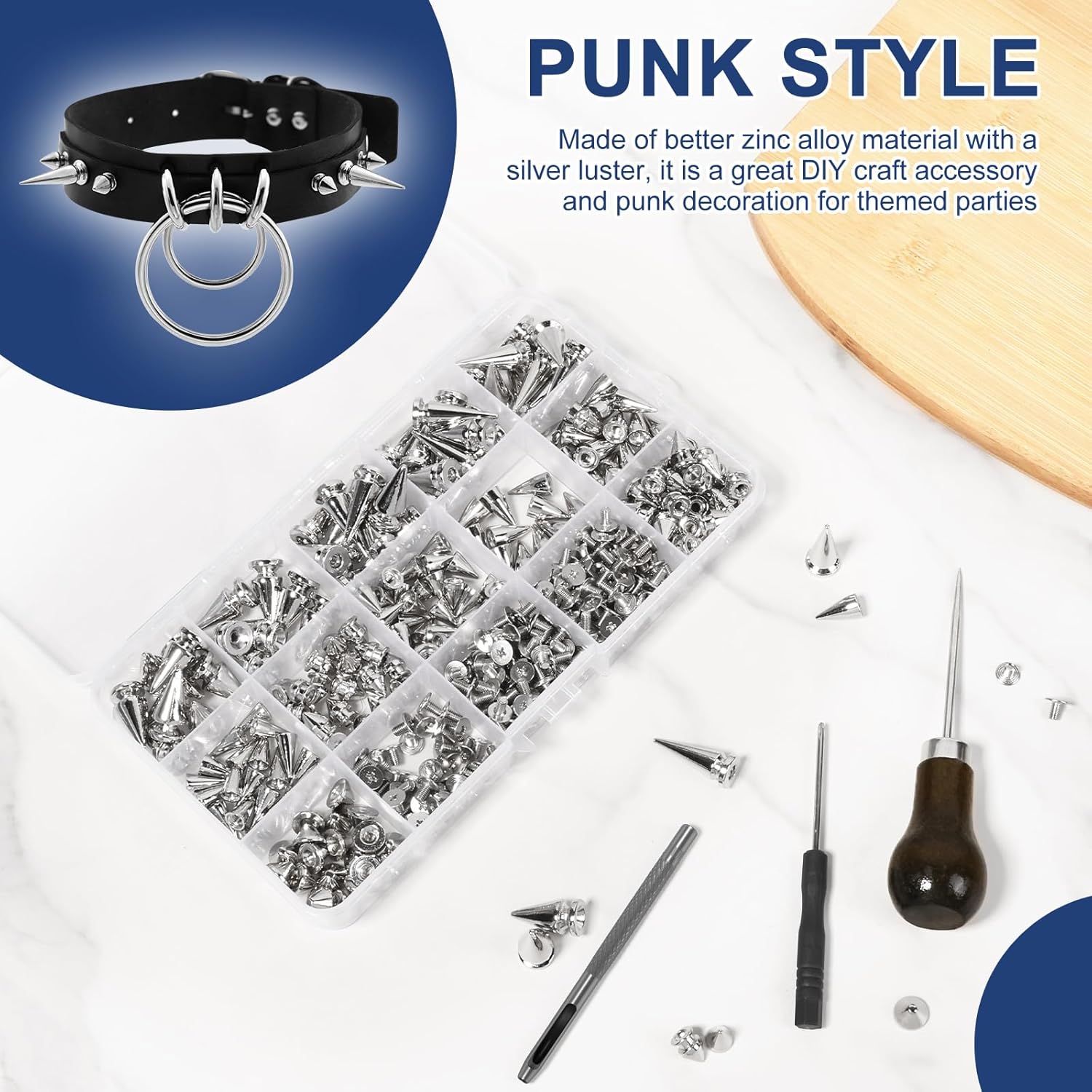 403Pcs Punk Spikes and Studs Kit 8 Size Zinc Alloy Leather Cone Spike and Studs Rivets with Scratch Awl Screwdriver Punch for Leather Craftsmanship Punk Style Clothing DIY (Silver, 403Pcs)