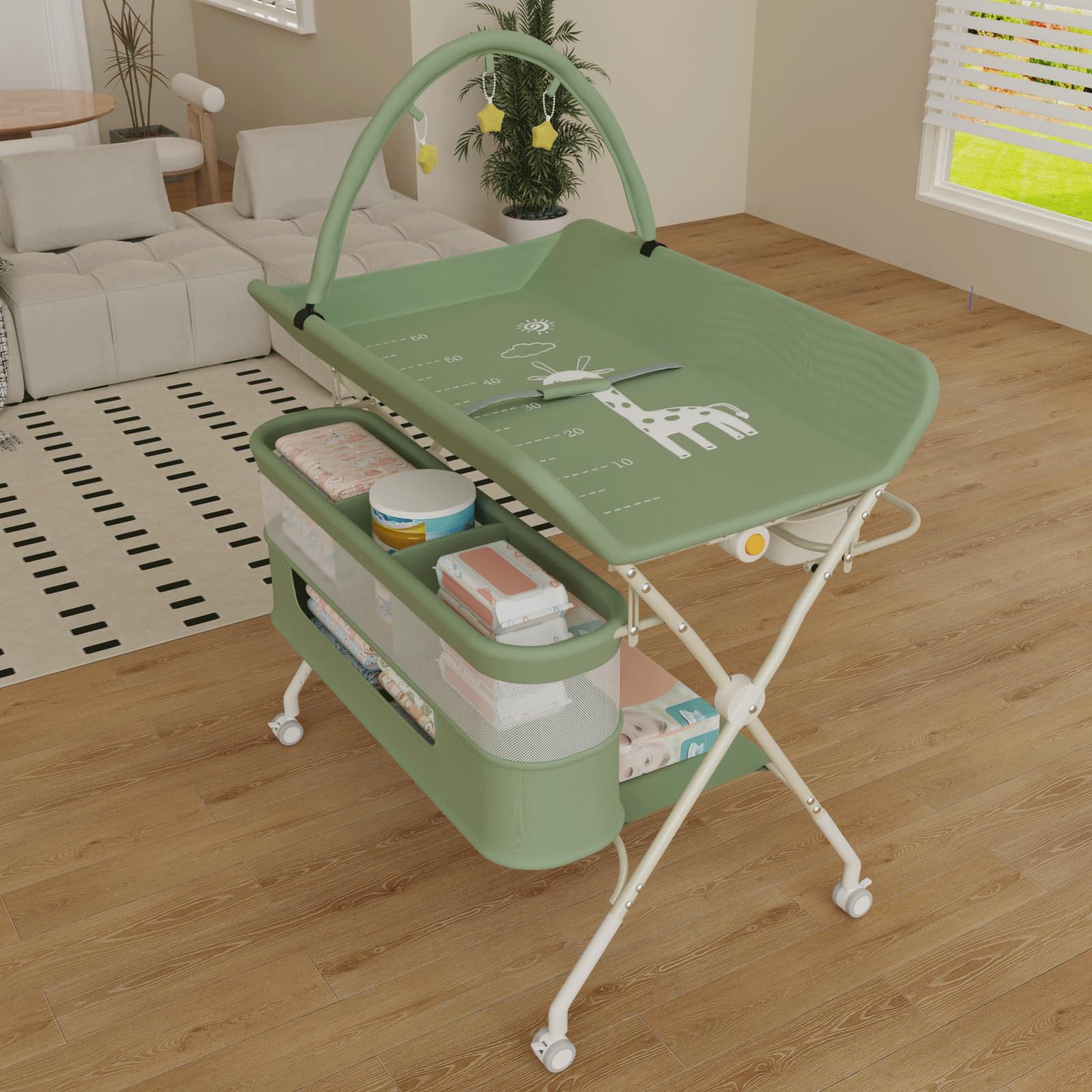 homewell 2 in 1 Baby Wickelkombi Spielzentrum, Höhenverstellbar, mobiler Wickeltisch klappbare mit Spielständer Sicherheitsgurt Aufbewahrungskorb Wickelauflage (Grün)