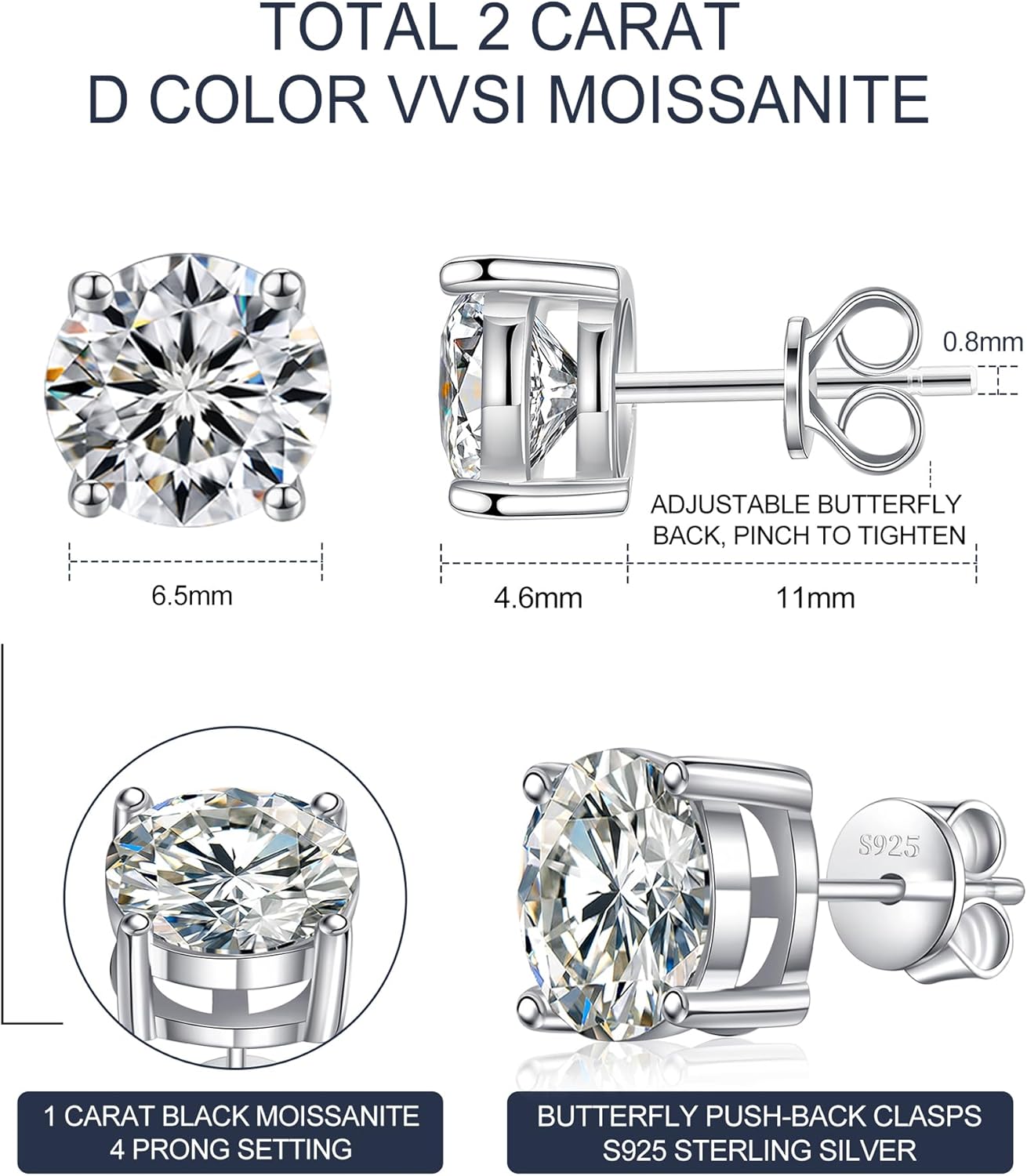 Moissanite Earrings Studs for Women, Round Cut D Color VVS1 Clarity Lab Created Moissanite Earrings Studs 18K White Gold Plated 925 Sterling Silver Earrings Jewelry Engagement Gifts for Women Men - Image 4
