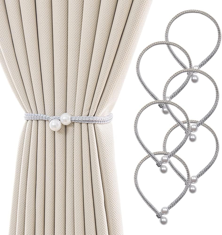 Fapiwen Curtain Tiebacks Ropes, 6pcs Polyester Curtain Holdbacks with Imitation Pearl, Decorative Tiebacks for Home Kitchen Office Window (3pairs, Gray)