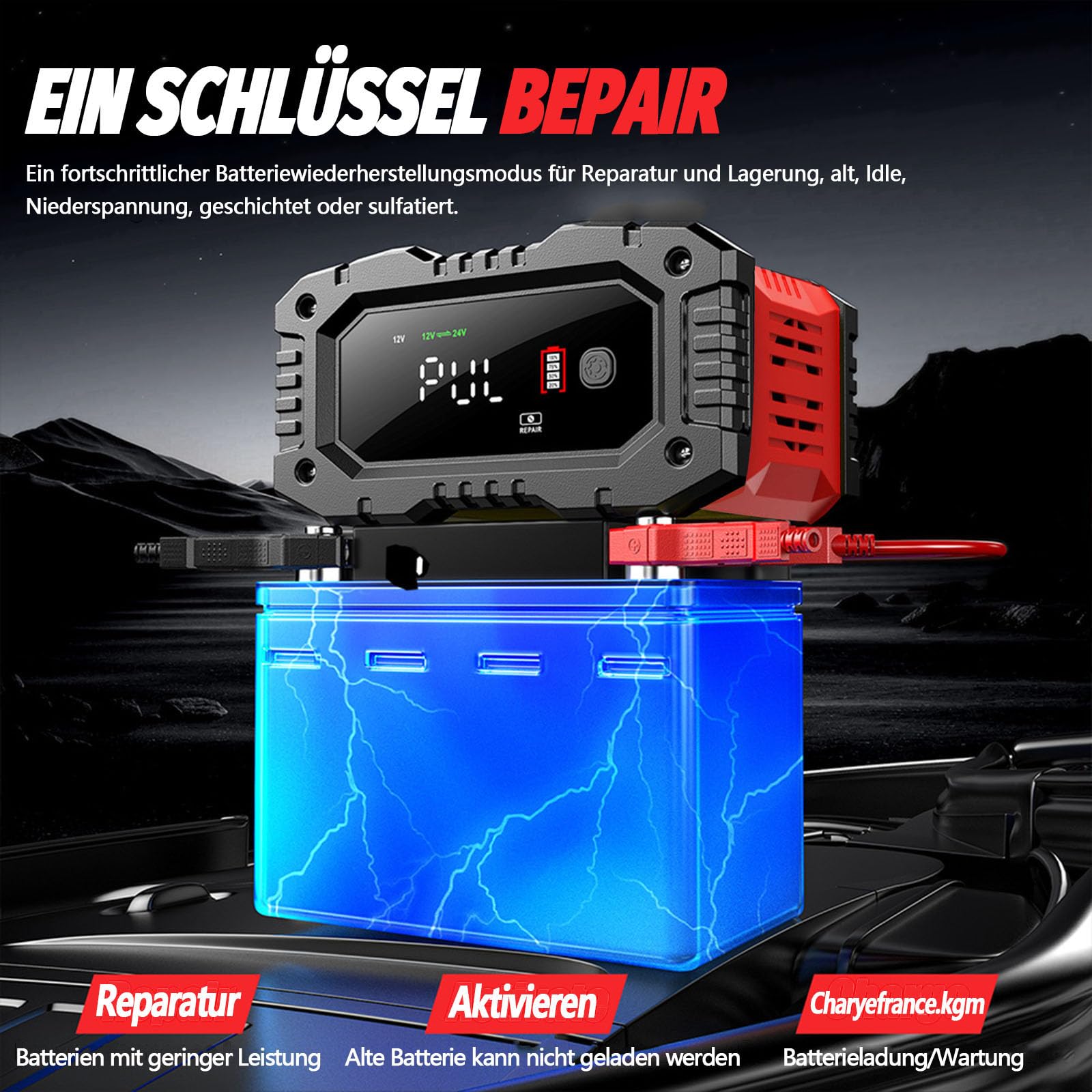 Ładowarka do akumulatora samochodowego 20 A, 12 V, 24 V, w pełni automatyczna ładowarka LiFePO4, ładowarka naprawcza, ładowanie impulsowe, odsiarczanie 20 A, 10 A, prąd ładowania, ładowanie