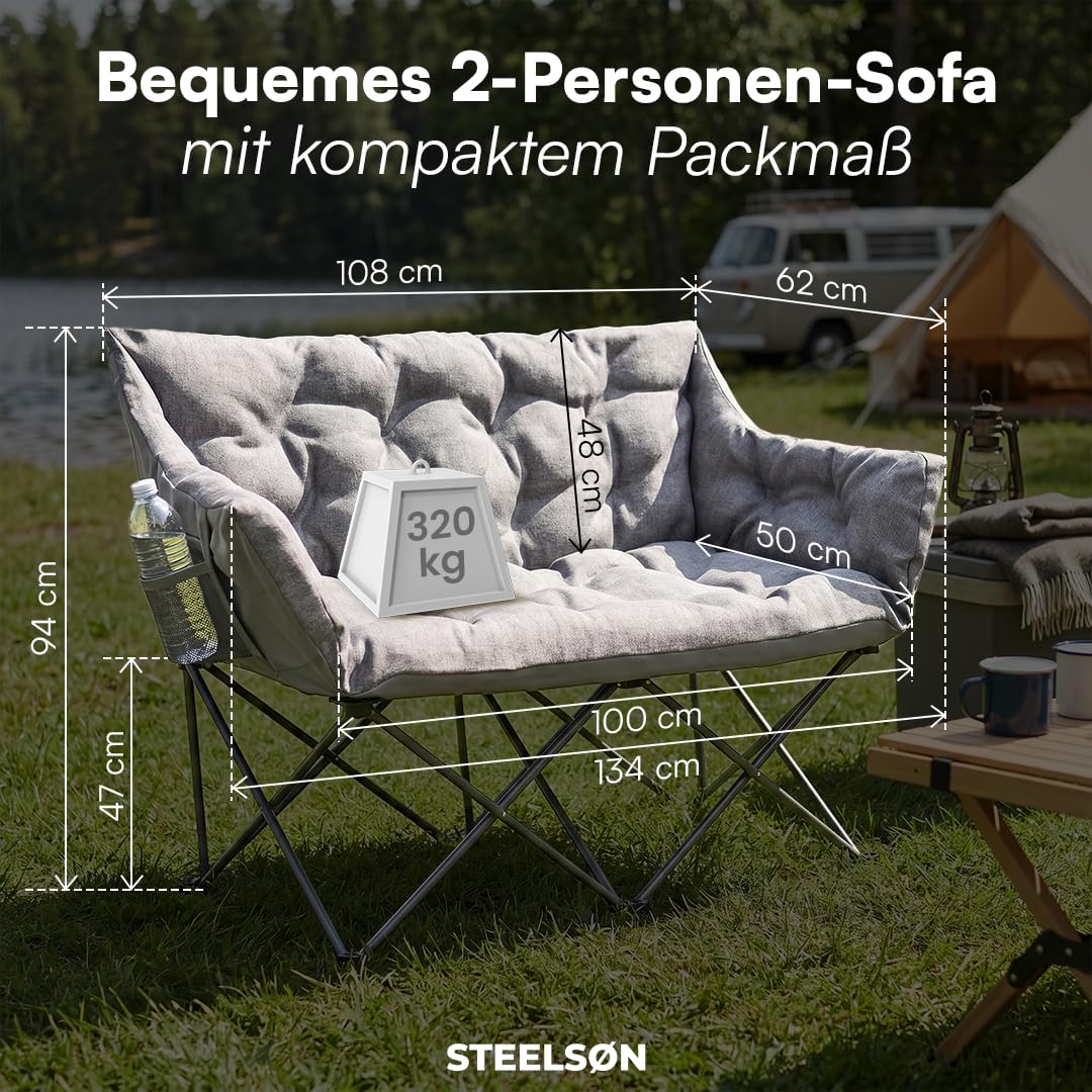STEELSØN Hoggar Campingstuhl faltbar 2 Personen – Klappstuhl 134cm breit – Camping Sofa mit 2 Seitentaschen & Tragebeutel – Camping Couch 320 kg belastbar – Sitzbank Outdoor - dick gepolstert - grau