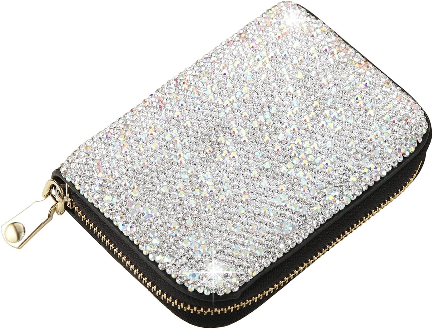 Rhinestone Credit Card Holder for Women RFID Blocking Wallet Slim Leather Zipper Card Case Wallet (Silver)