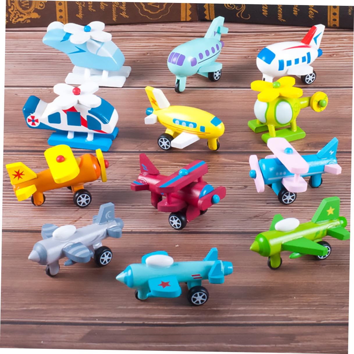 TOYANDONA Set 12 Mini Aerei Giocattolo in Legno, Giocattolo Educativo per Prima Infanzia Colori Vivi, Sicuro e Naturale, per Giochi e Decorazione Scrivania