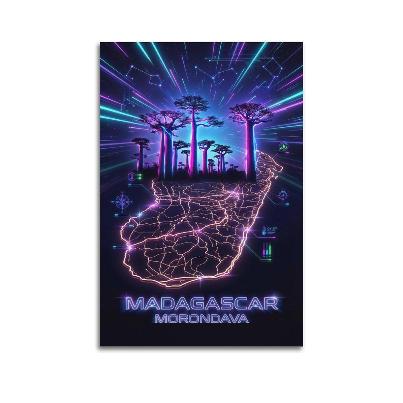 XKUGA Retro Futuristic Madagascar Baobab Tree Map Poster Modern Decorative Canvas Prints - Ideal Wall Art for Family, Man Cave, Game Room, Boys & Girls Bedroom 24x36inch(60x90cm)
