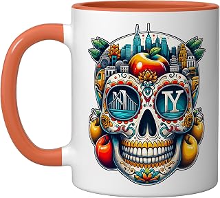 Sugar Skull New York Day of the Dead USA Mexico Lovers Ceramic Mug, Orange/White, 11oz