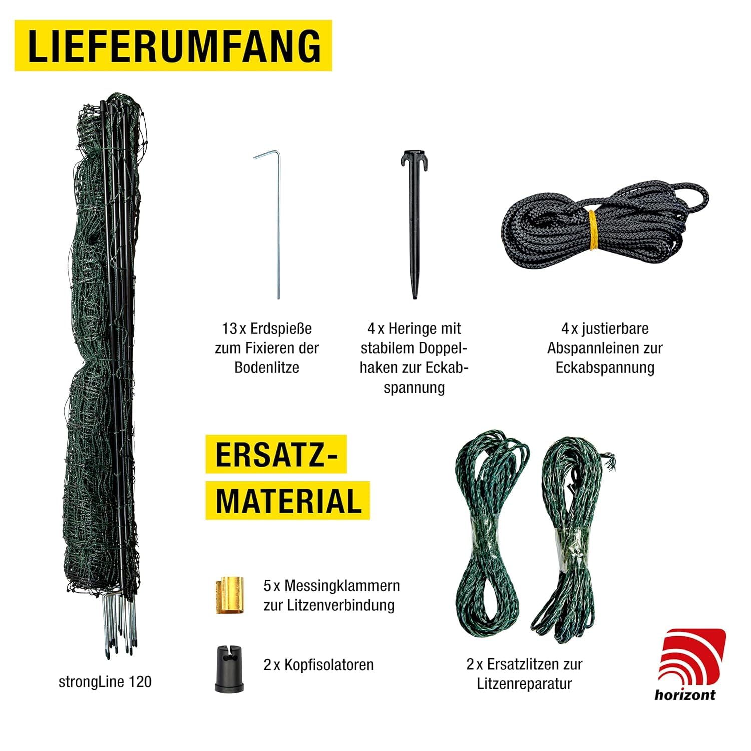Recinzione mobile per cani horizont strongLine, senza elettricità, 25 m x 120 cm, verde, 9 pali in fibra di vetro con doppia punta, per cani, piccoli animali, giardino e campeggio