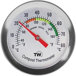 Compost Thermometer Stainless Steel Dial - Ideal Composting Soil Thermometer with 50MM Diameter C and F Dial and 295MM Compost Temperature Gauge Probe