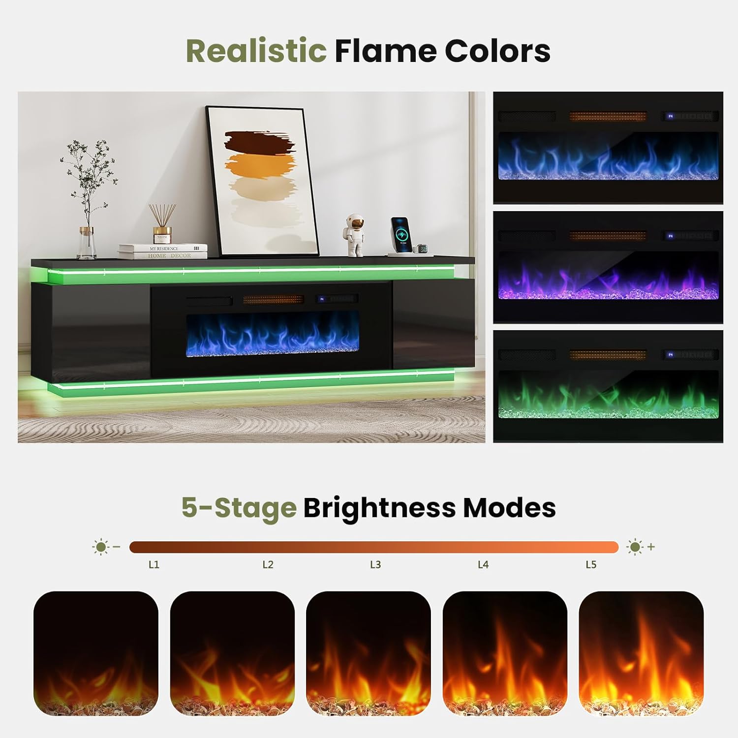 Fireplace TV-Stand with 40" Fireplace - 2 LED Light TV-Stand for 85 inch TVs, Entertainment Center with 4 AC Power Outlets, 2 Tier TV Consoles Stand for Living Room, Black - Image 5