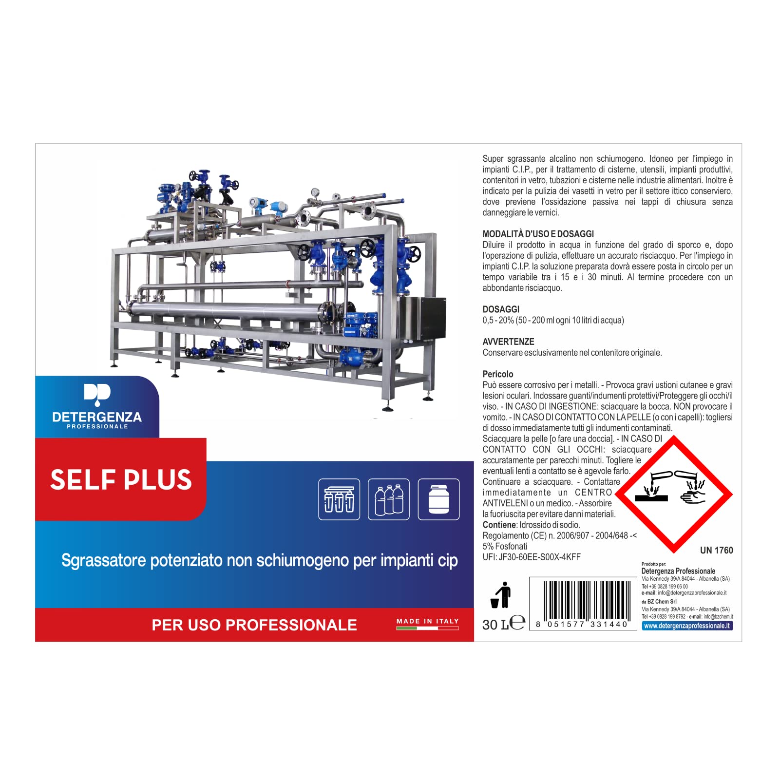 SGRASSATORE POTENZIATO Non SCHIUMOGENO per IMPIANTI CIP Self Plus CONCENTRATO - Tanica da 30 L