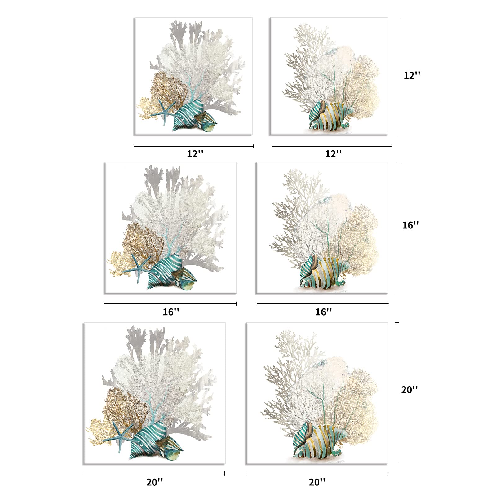 JAPO ART White Coral Wall Art Modern Teal Seashell Beach Prints Sea Fan corals Painting Artwork