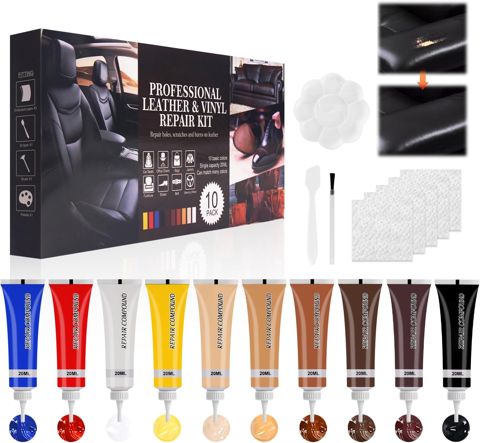 KUIRUNRX Leather Repair Cream, 10 Colours Leather Repair Set, Liquid Leather Repair Kit, Leather