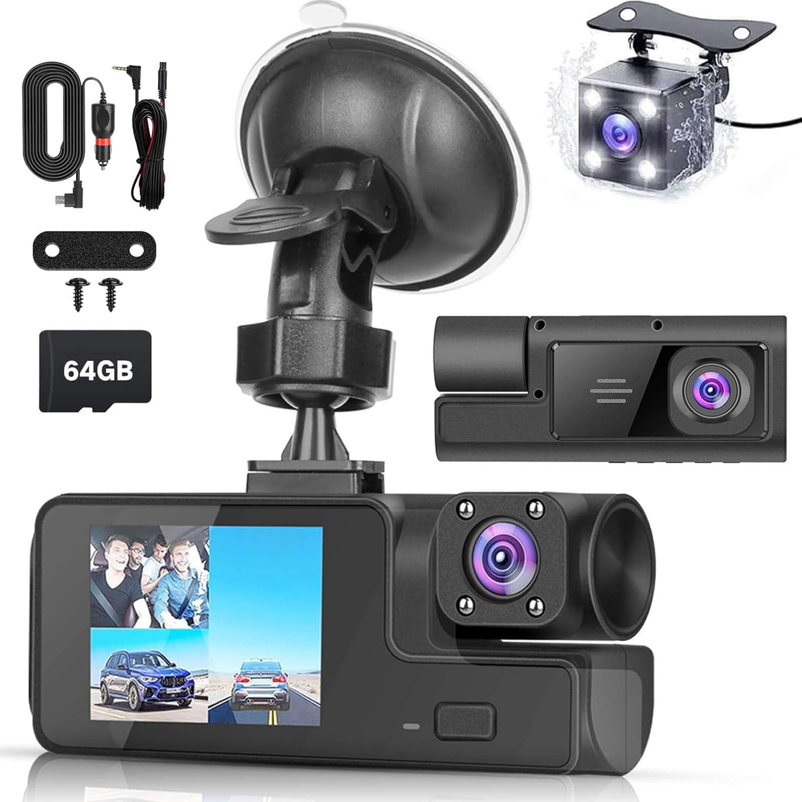 3 Channel Dash Cam Front and Rear, 1080P FHD WiFi Dash Camera for Cars with App & 64GB Card, Three Way Dash Cam with Night Vision, WDR,170° Angle,