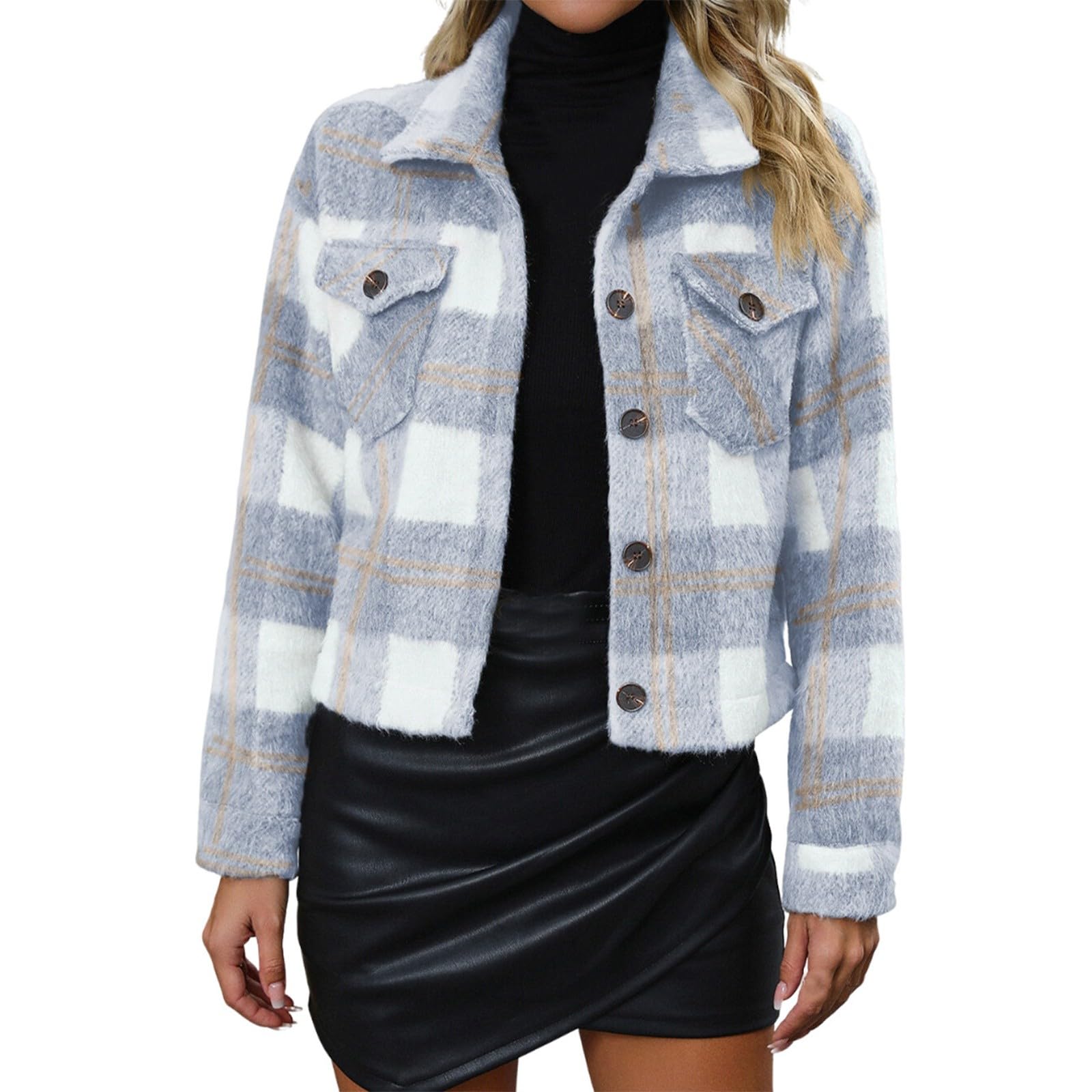 Genérico Forro Polar Mujer Talla Grande,Chaqueta De Moda Informal para Mujer Chaqueta Corta De Lana A Cuadros con Botones Chaqueta De Lana Nueva