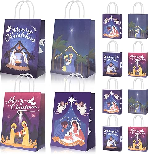 Miniatura 8 de HOWAF 12 bolsas de regalo de Navidad con asa, suministros de decoración de Navidad de noche santa para fiesta de celebración de Navidad, bolsas de