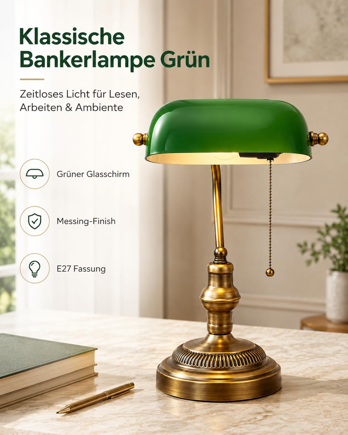 LANMOU Bankerlampe Grün mit Glasschirm, E27 und Zugschalter | Messing-Finish, Schreibtischlampe Retro mit verstellbarer Schirm, für Homeoffice, Lesen & Arbeitszimmer, Wohnzimmer Dekor
