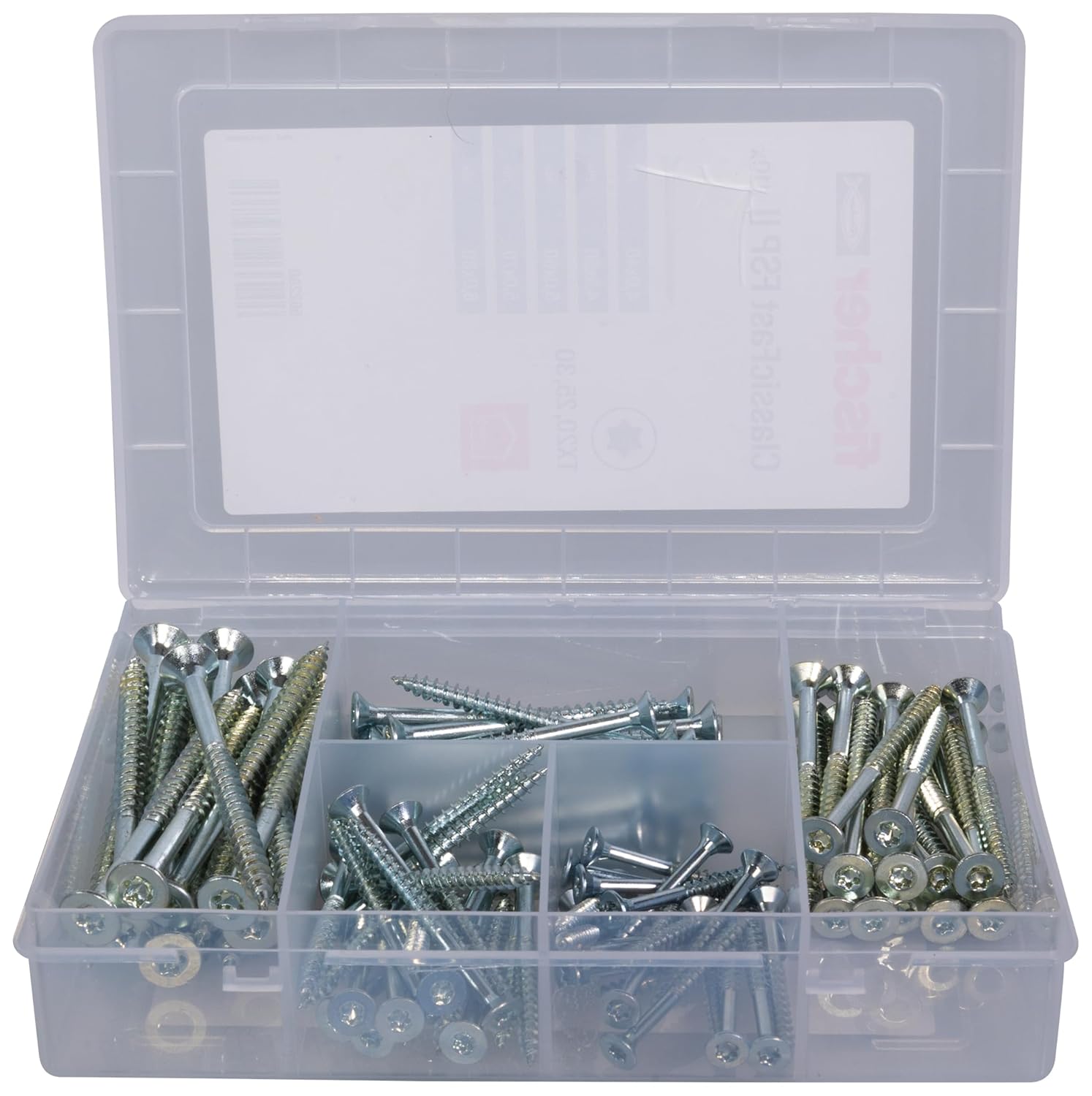 fischer ClassicFast Meisterbox Assortment Box with Chipboard Screws for Interior Wood Building Materials Countersunk Head Partial Thread Torx Blue Galvanised 110 Pieces Item No. 562280
