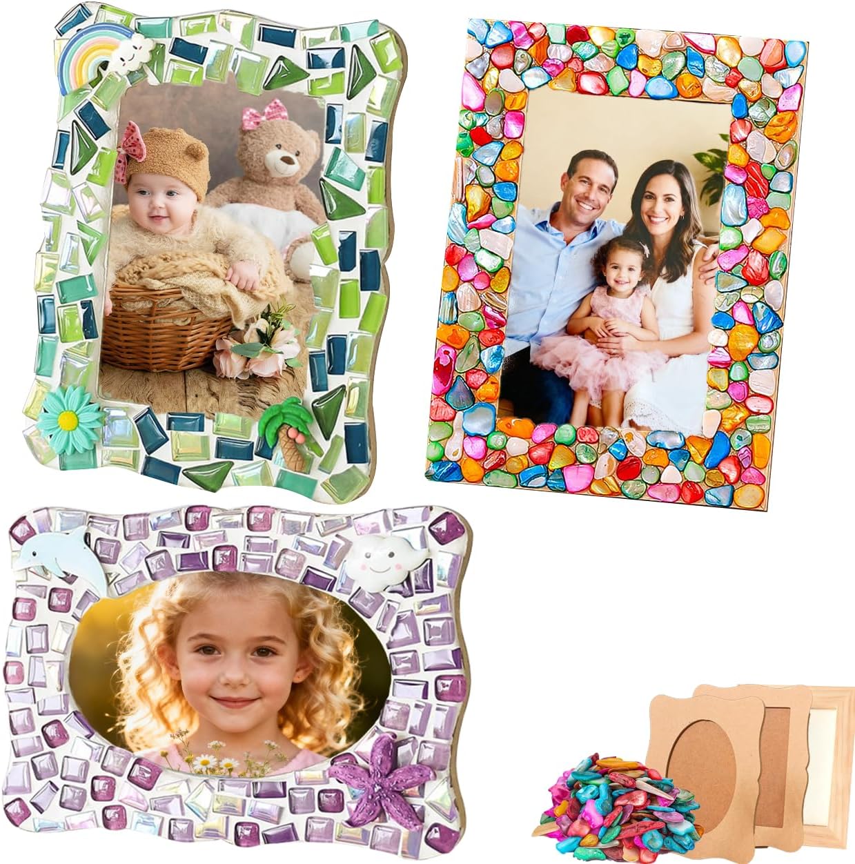 A&H Zier Decorate Your Own Mosaic Picture Frame Kit - 3 Pack DIY Arts & Crafts for Kids Ages 8-12, Valentines Day Gifts for Girls, 5x7 & 4x6 Photo Frames for Adults & Family