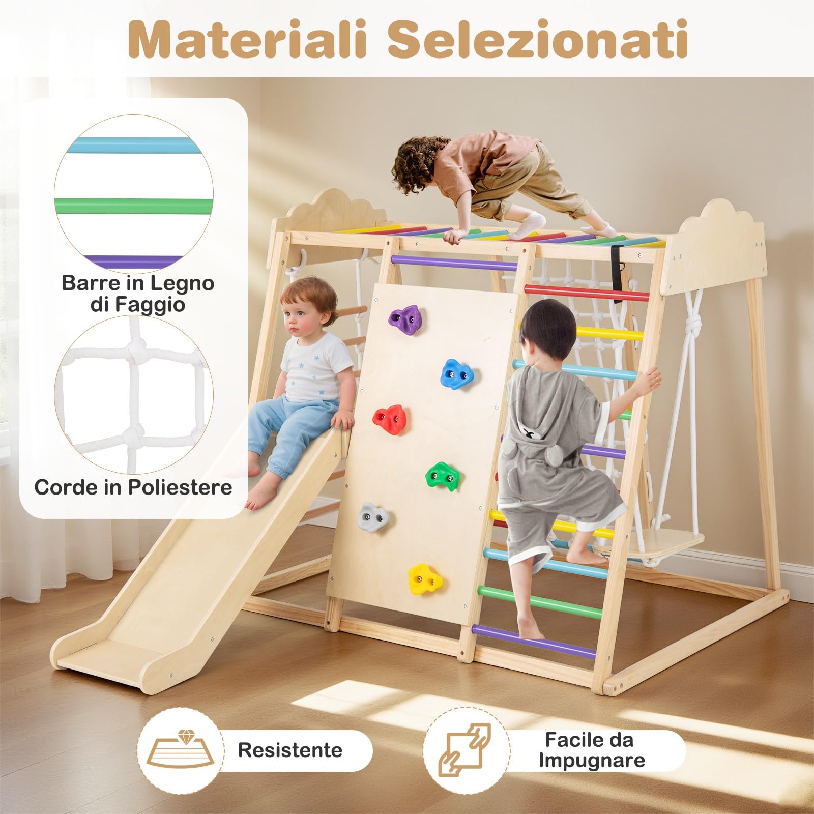 COSTWAY 8 in 1 Set da Arrampicata per Bambini, Palestra in Legno da Interno con Sbarre Scivolo Altalena Scala in Corda e Roccia/Rete da Arrampicata, per Bambini 3 Anni+ (Colorato)
