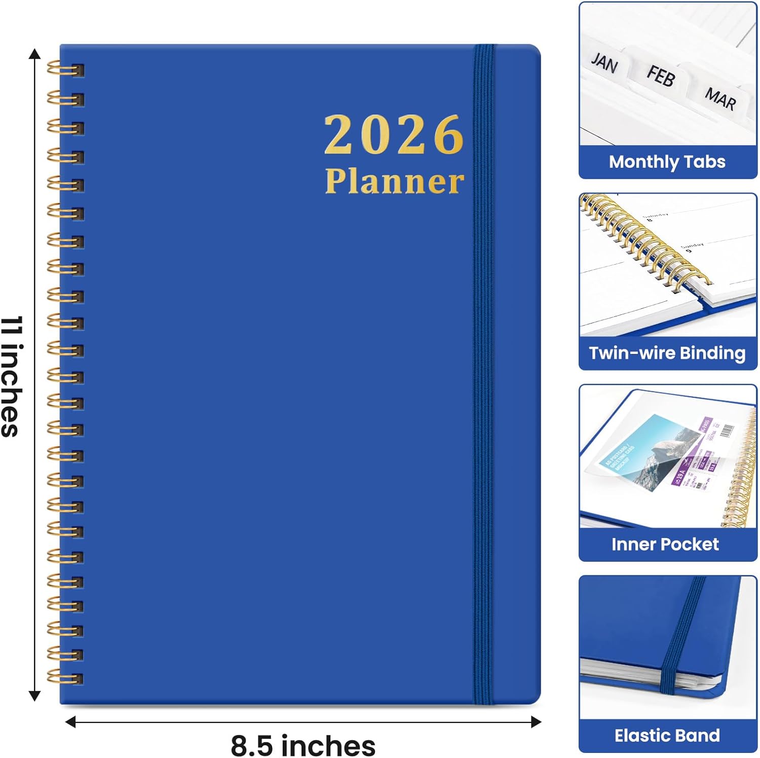 2026 Planner, Weekly and Monthly Calendar Planner, January 2026 - December 2026, Hardcover 2026 Calendar Book with Tabs For Women & Men, Inner Pocket, Spiral Bound, Perfect for Office Home School Supplies - A4 (8.5" x 11"), Royal Blue - Image 4