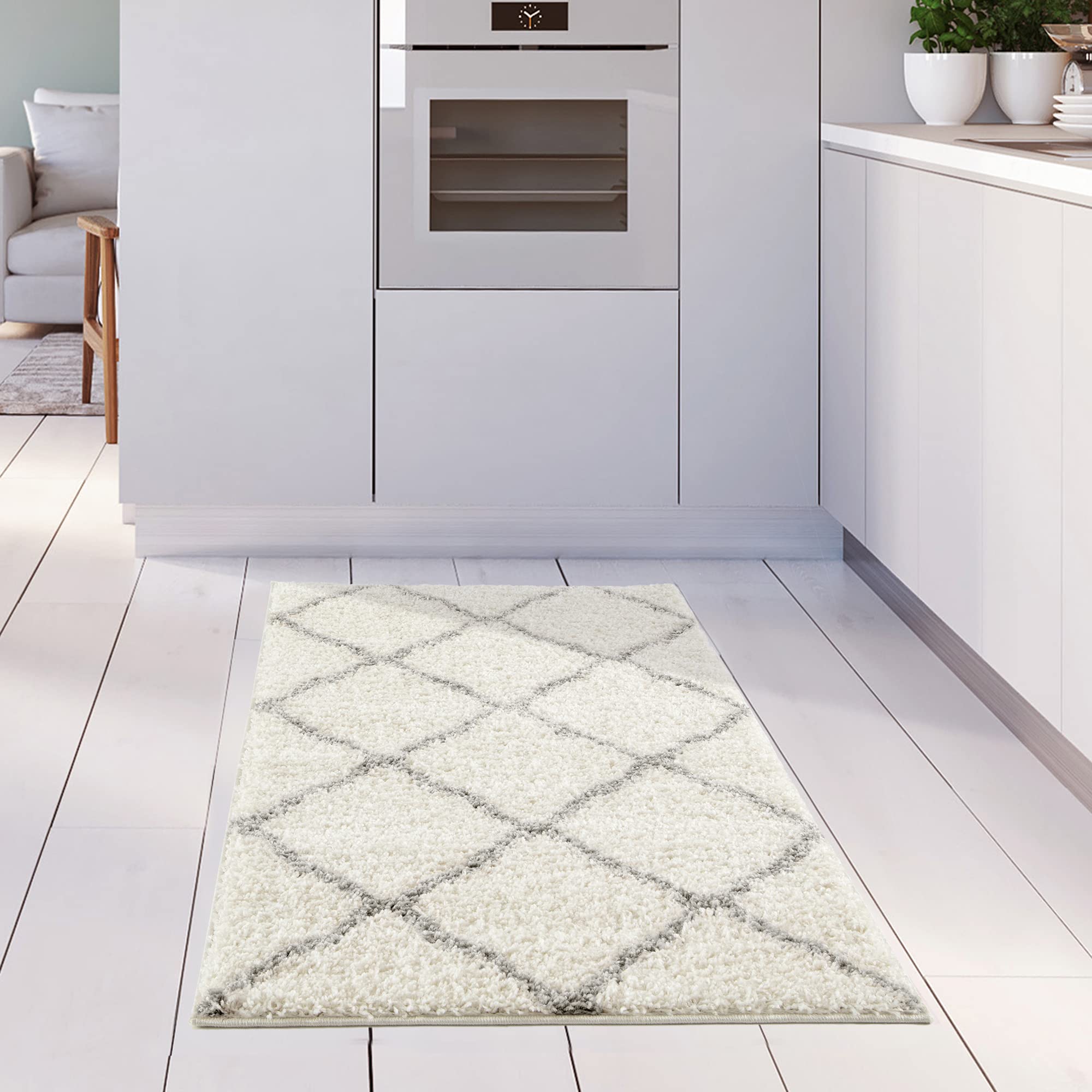 THE RUGS Shaggy Rug, Modern Moroccan Design Rugs for Living Room Bedroom, Hallway, 3 cm Thick Area Rugs, (Moroccan Ivory/Grey - Image 3