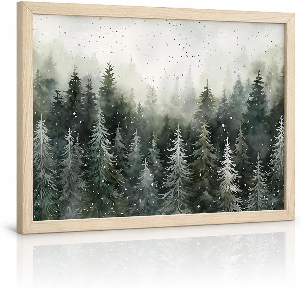 Framed Green Pine Forest Wall Art pine tree Canvas Print forest Snow Scene Poster Picture Home Wall Winter Nature Gallery Artwork Painting 16x24 inch Ready to Hang