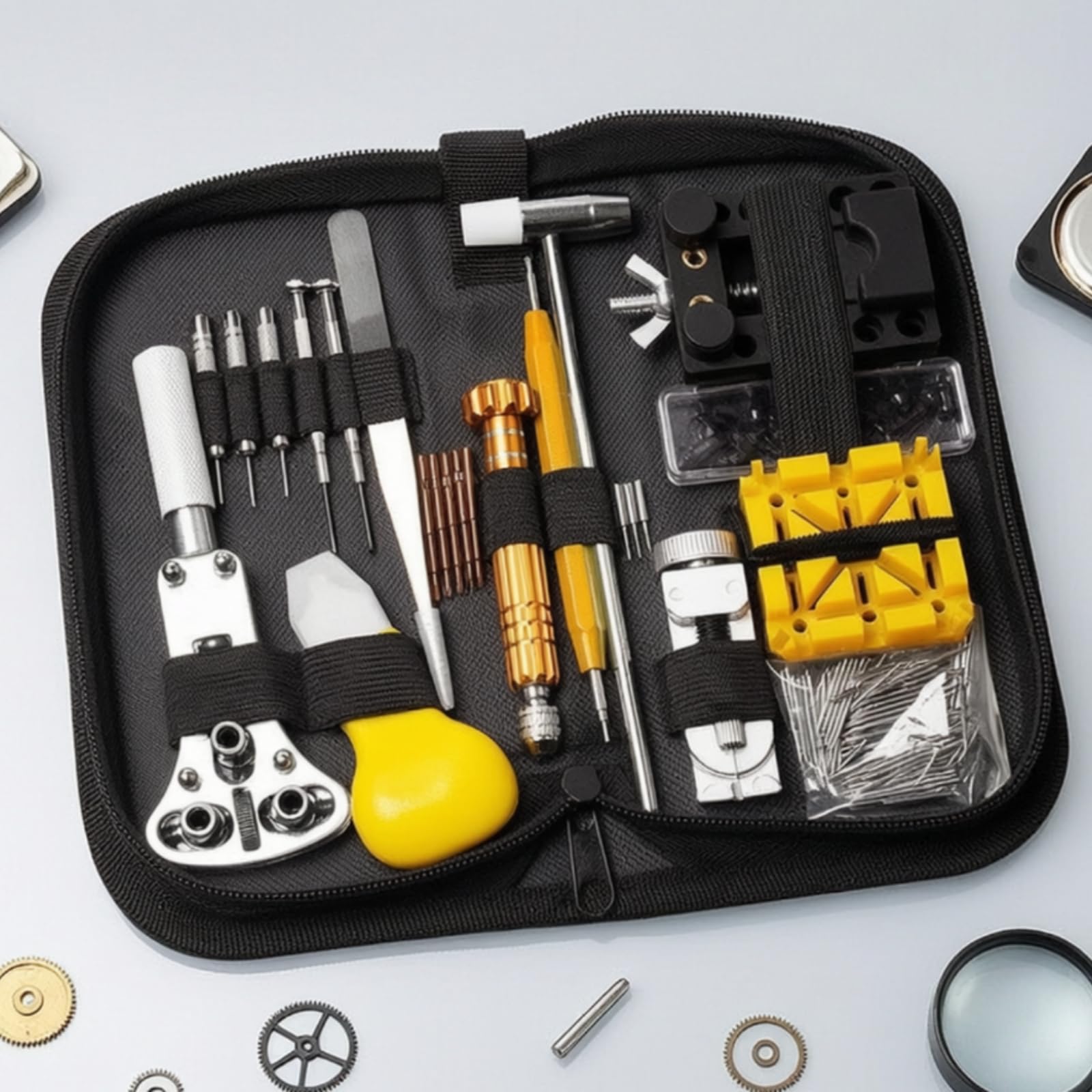 Gralara Effizient Uhrenreparaturset mit Tasche | für Batteriewechsel, praktische elastische Schlaufen, Uhrenwerkzeug-Set, Zuhause, Uhrenliebhaber, Heimwerker