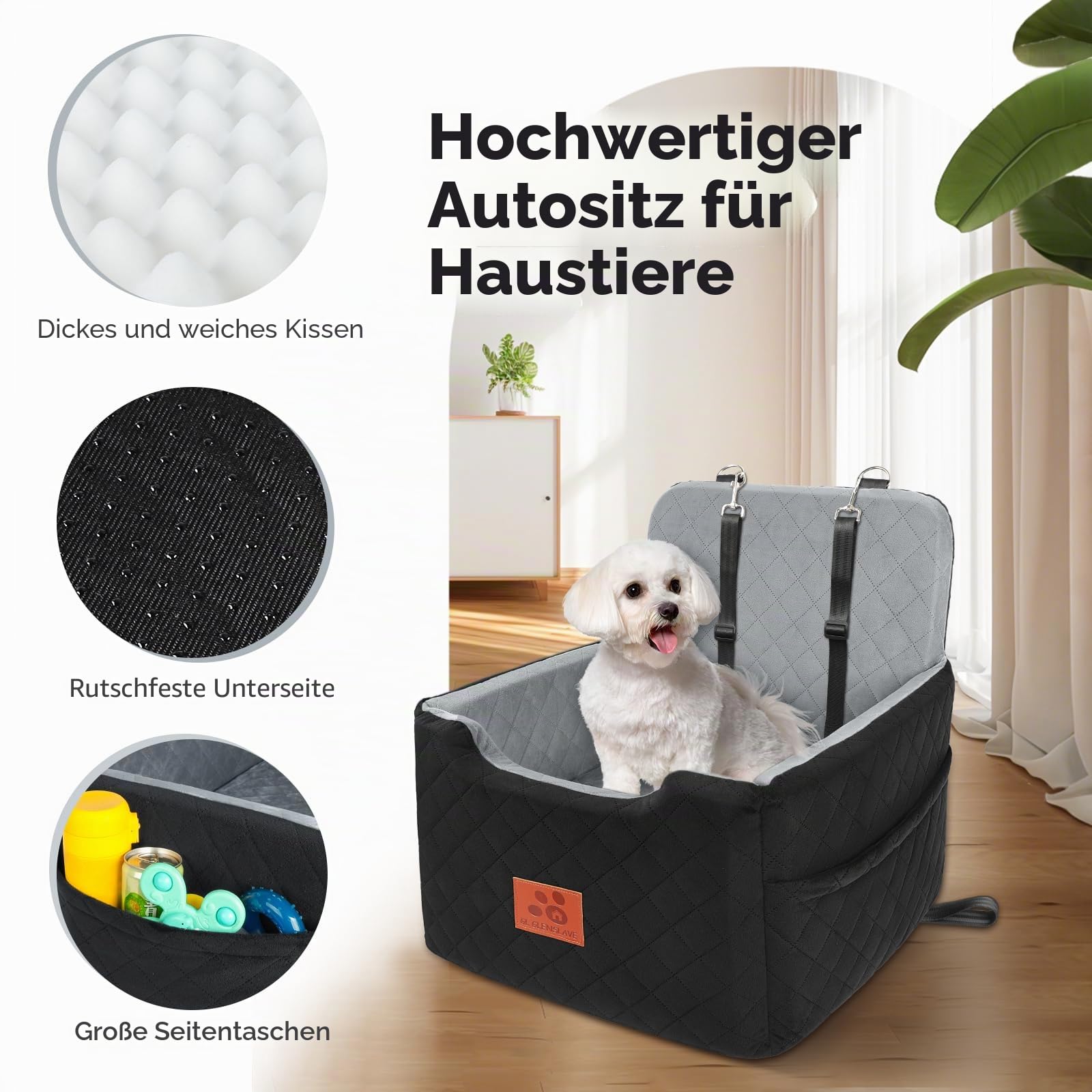 GL GLENSLAVE Autositz Hunde für kleine/mittlere Hunde unter 15 Kgs,Hunde Autositz,Abnehmbarer und waschbarer Haustier Autositz,Hundebett mit 2 Sicherheitsgurten(Schwarz/Grau)