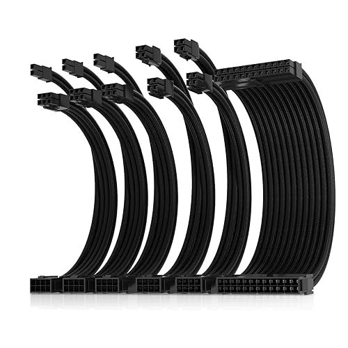 Asiahorse 16AWG Pro Power Supply Sleeved Cable for Power Supply Extension Cable Wire Kit 1x24-PIN/ 2x8-PORT (4+4) M/B,3x8-PORT (6+2) PCI-E 30cm Length with Combs(Dual EPS Black) - Pure-Black